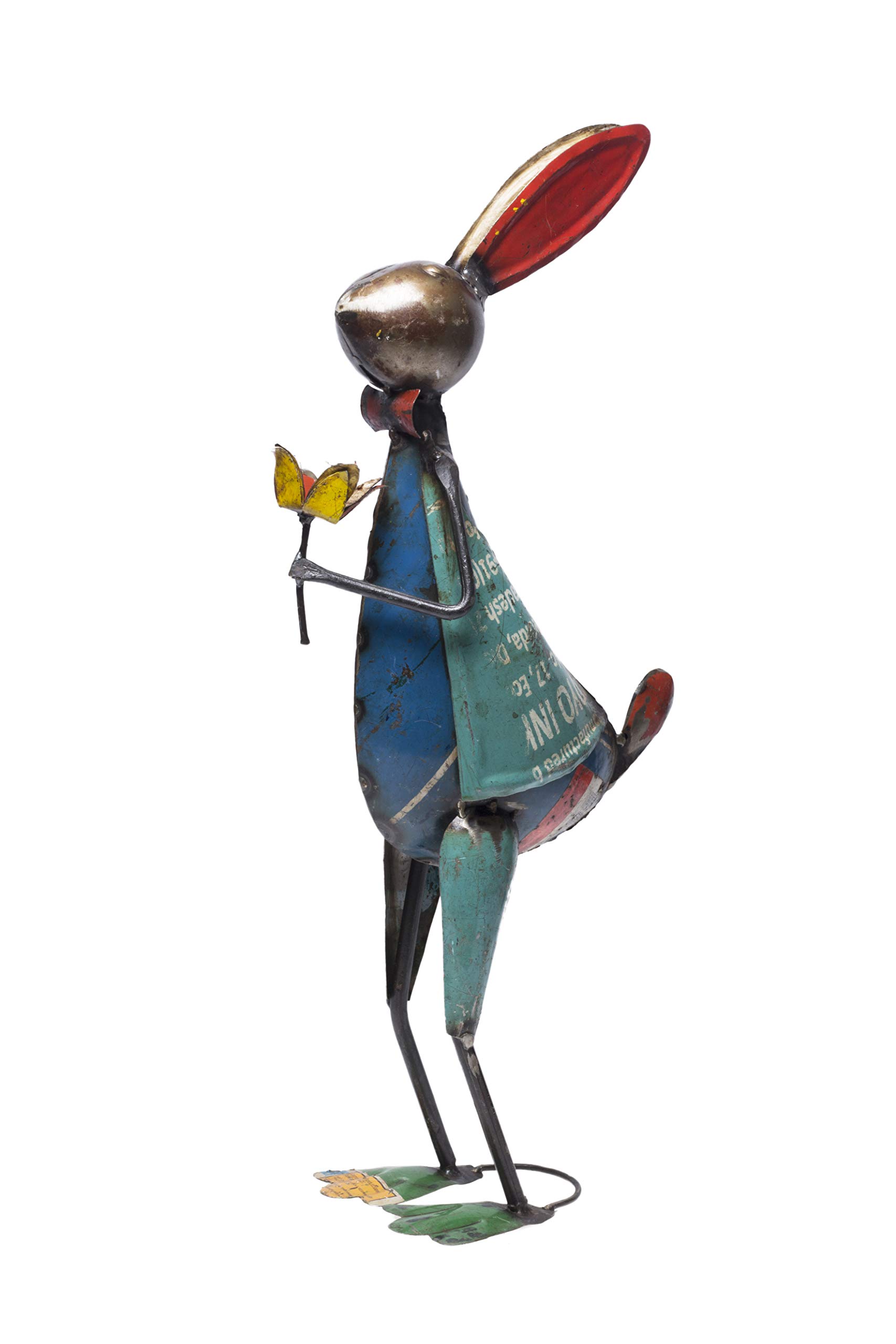 DeKulture Recycled Iron Rabbit with Flower - Decorative Statue | Indoor & Outdoor Decor (8x5x20 Inches)