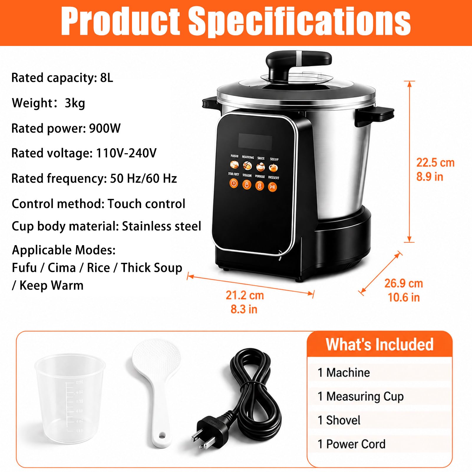 Robot de Cocina automático de 8 L con Revestimiento Antiadherente: Ideal para Preparar *nshima* (Masa de harina), arroz, sopas, Mezclas, Carne picada y Salsas.