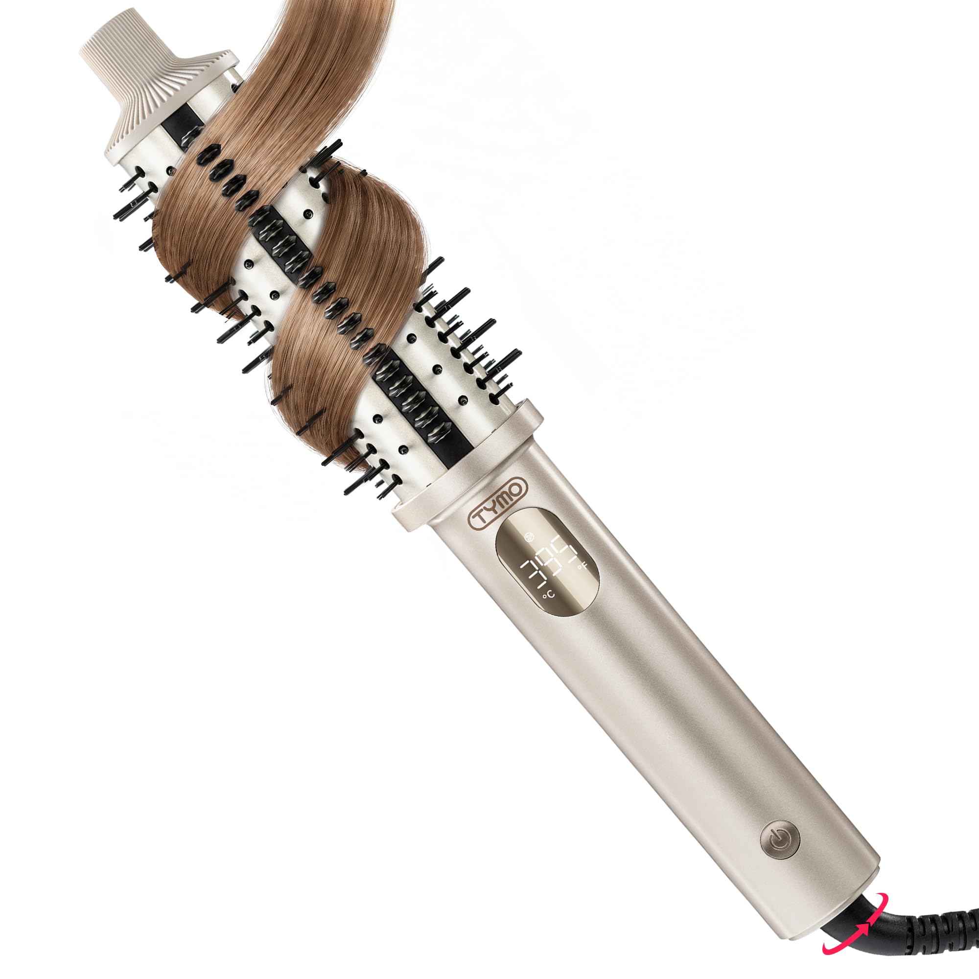 TYMO STYLUX PRO Thermal Brush Curling Brush, 1.5 Inch Heated Round Brush | 10Mins Blowout, Hair Straightener and Curler 2 in 1, 800M Negative Ion for Smoother, LCD Display, 5 Temp, Dual Voltage, Gold