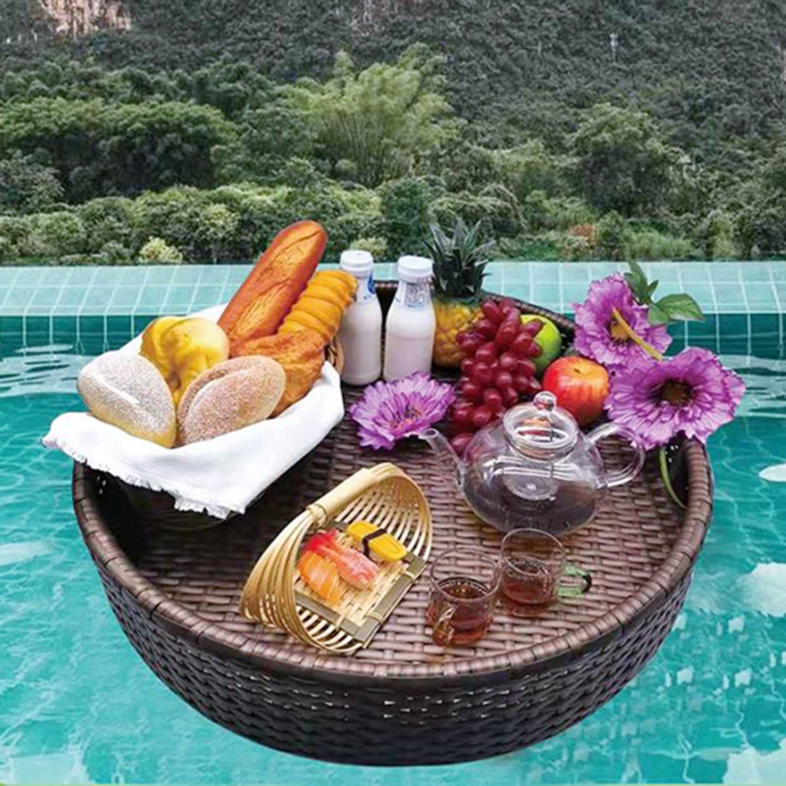 Swimming pool floating bar, Floating Buffet Table Serving Tray with Handles, Floating Serving Tray Table Bar Swimming Pool Floating Tray(Coffee,60CM)
