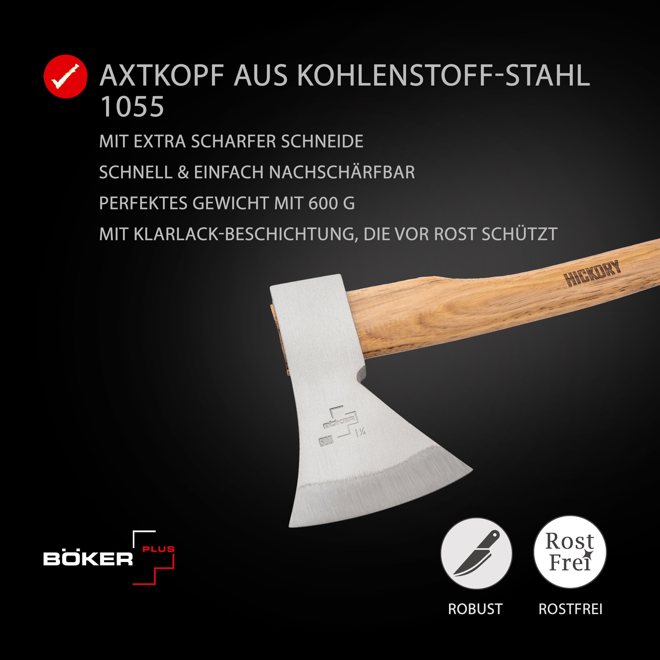 BÖKER PLUS® Appalachian Axe Small - kleine Carbon Axt mit kurzem Hickory-Holz-Stiel - Bushcraft-, Outdoor- & Survival-Axt - Profi Beil mit rheinischem Kopf 600 g aus Kohlenstoff-Stahl 1055