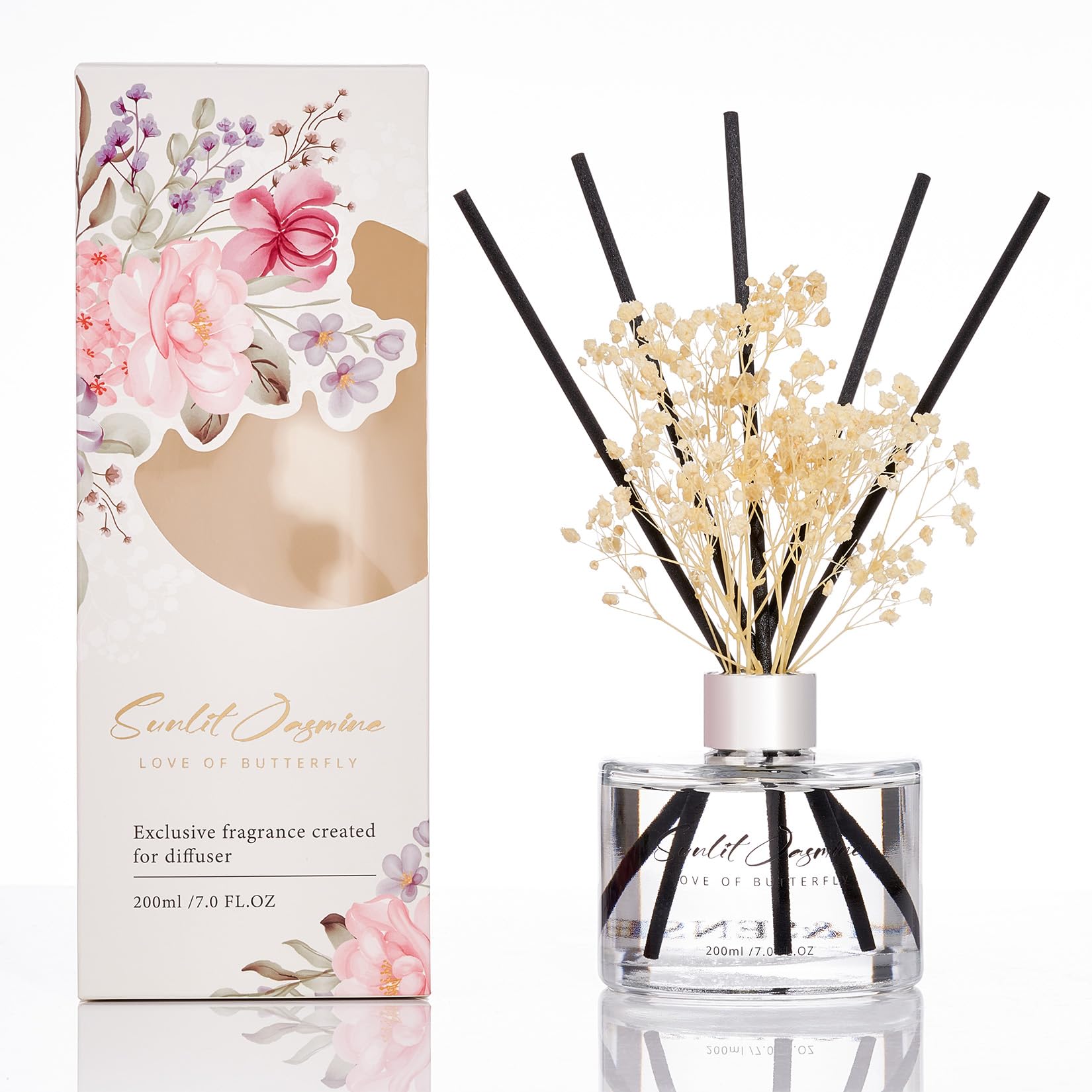 Reed Diffuser Set with 7 Sticks | 7.0oz Fresh Marine & Jasmine Scent, Home Fragrance Diffuser for Housewarming Diffuser Room Fresheners for Bathroom Long Lasting with Baby's Breath Flower