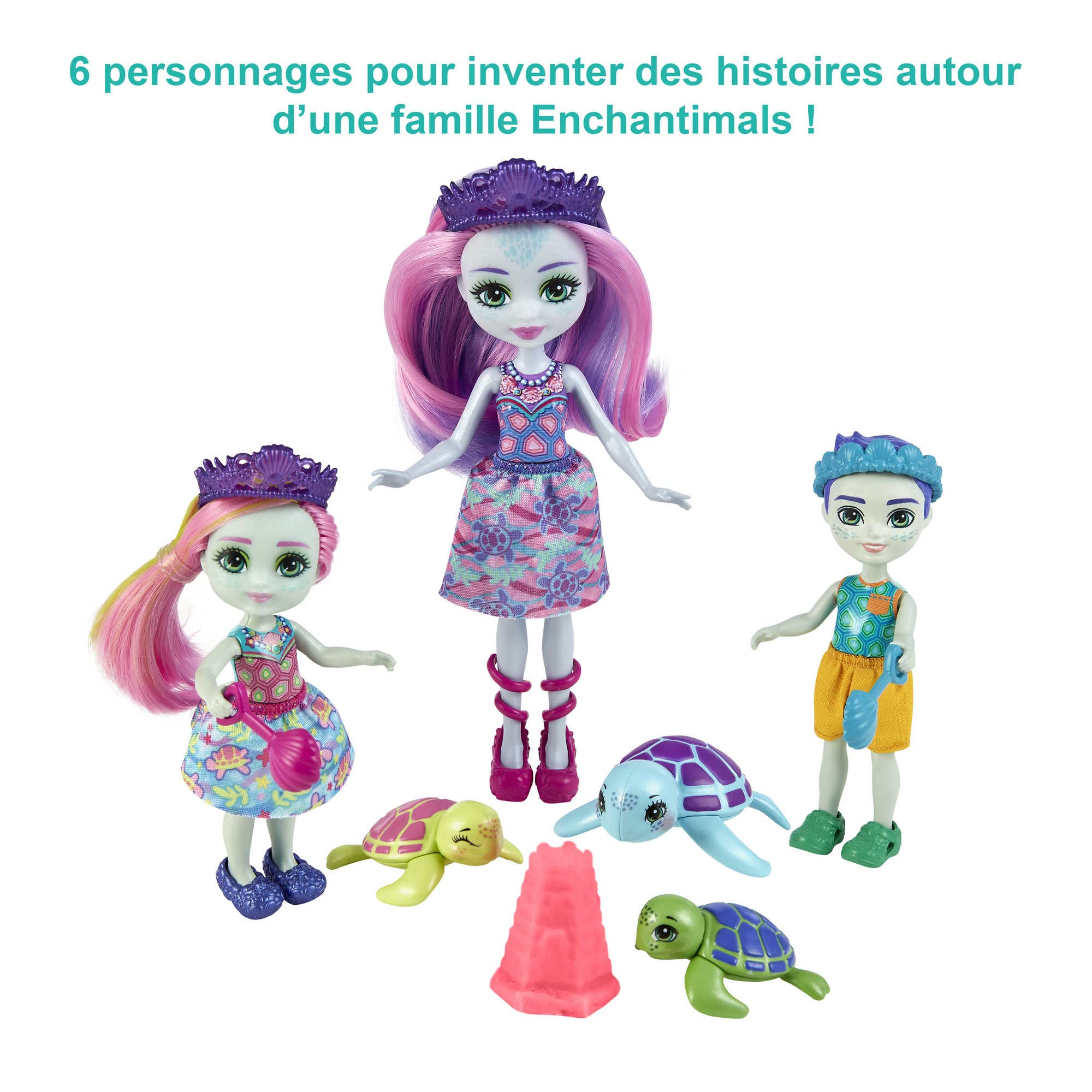 Enchantimals Royaume de l'océan Coffret Famille de Tinsley Tortue, avec 3 Mini-poupées, 3 Mini-Figurines et Accessoires, Jouet pour Enfant, HCF95