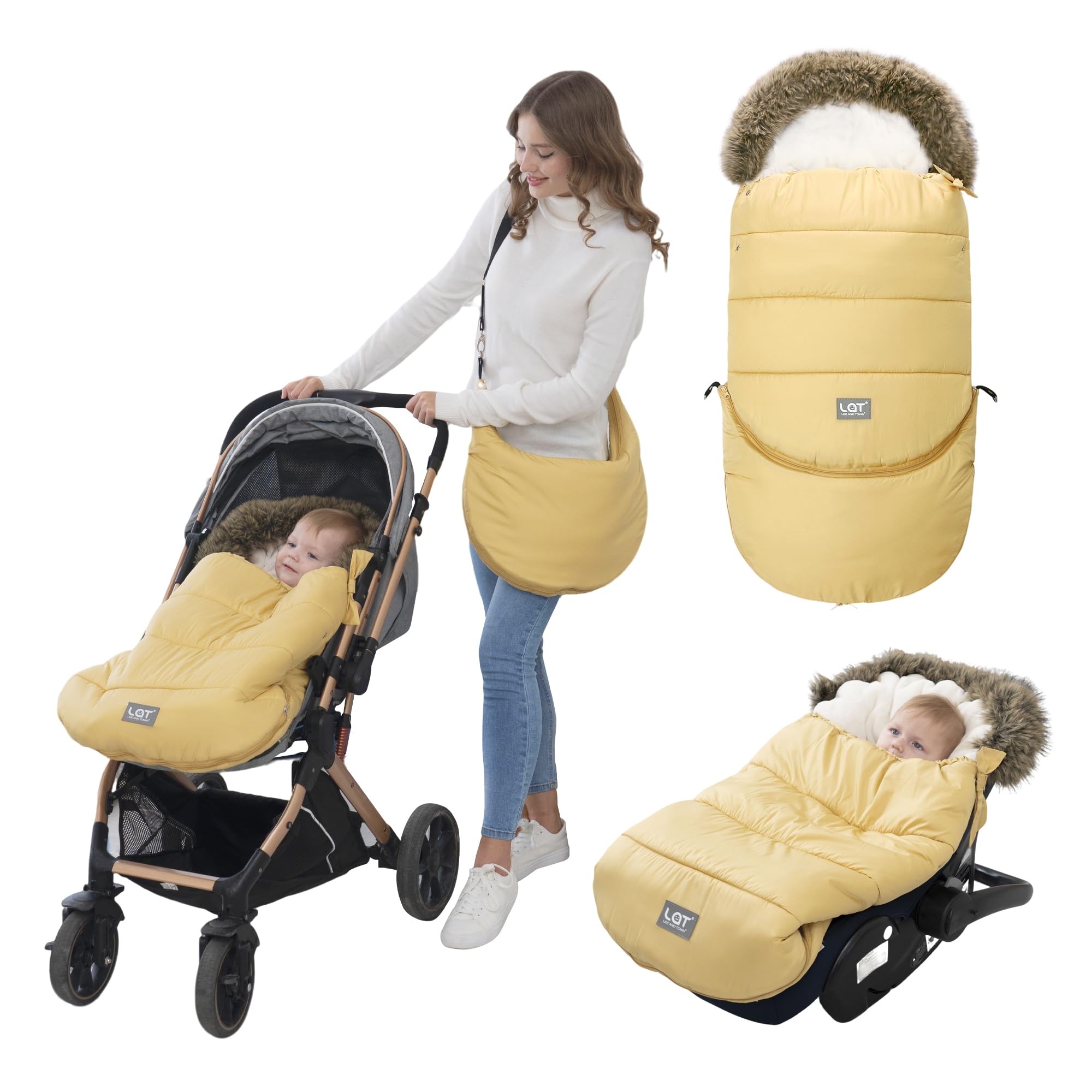 Sacco Termico Invernale per Passeggino Universale, Coprigambe Passeggino Universale con Sezione di Prolunga Staccabile, Impermeabile Sacco Passeggino Invernale (Colletto di Pelliccia, Giallo)
