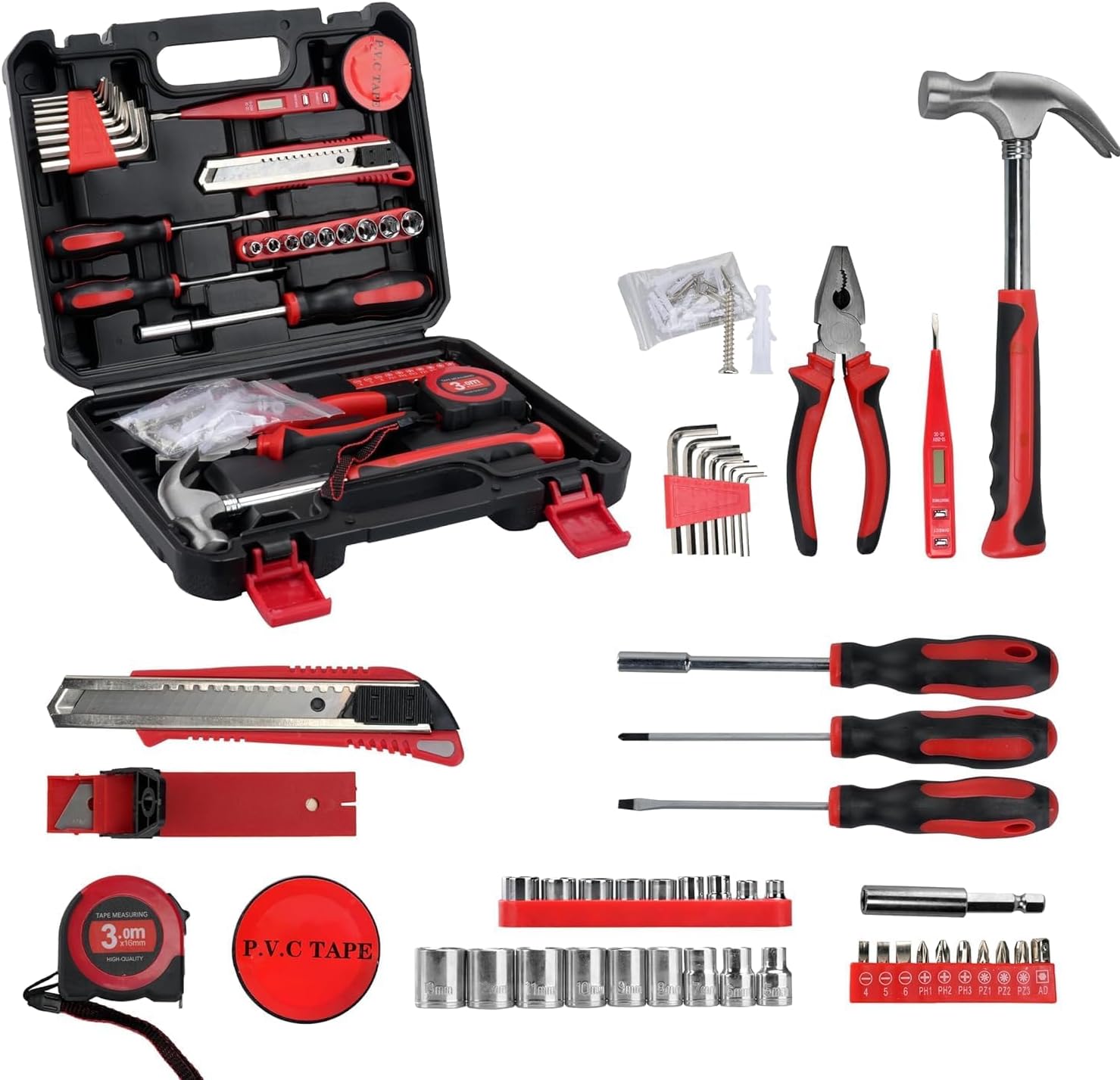 Enon DIY Household Hand Tool Box (83 Pcs) Essential Toolkit with Screwdrivers, Pliers, Wrenches, Hammer, Saw and More for Home, Office, Garage, Bike, Car, Repair & Maintain with Confidence