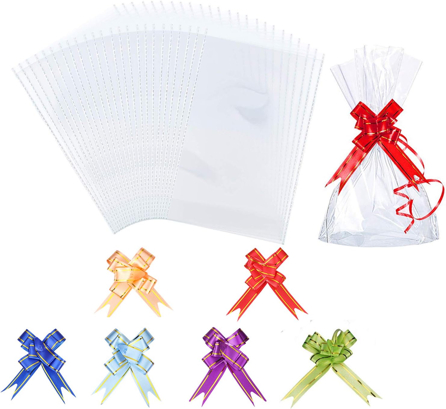 AUERVO 60PCS Clear Resealable Flat Cello Bags - OPP Plastic Cellophane Storage Bags for Sweet/Party/Gift/Home with Mix Colors Pull Bows