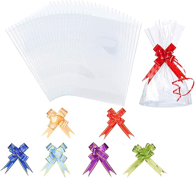 AUERVO Clear Cellophane Treat Bags, 60PCS Clear Resealable Flat Cello Bags OPP Plastic Bag Cellophane Storage Bags Sweet/Party/Gift/Home Bags with 60PCS Mix Colors Pull Bows