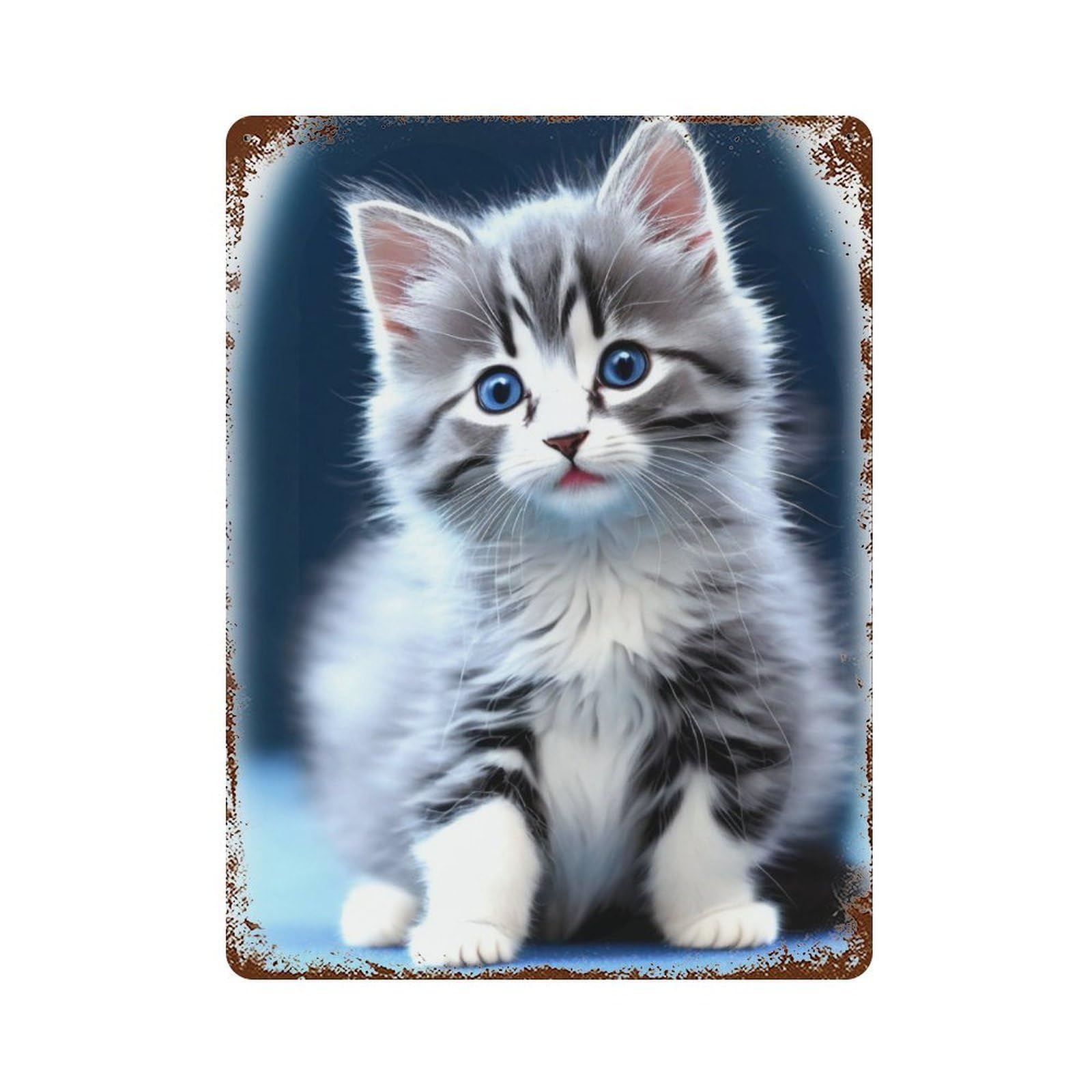 Retro Metal Sign with Adorable Kitten with Blue Eyes Design 15.7"x11.8", for Shed, Workshop And Garage Wall Decor, Old School Wall Decor