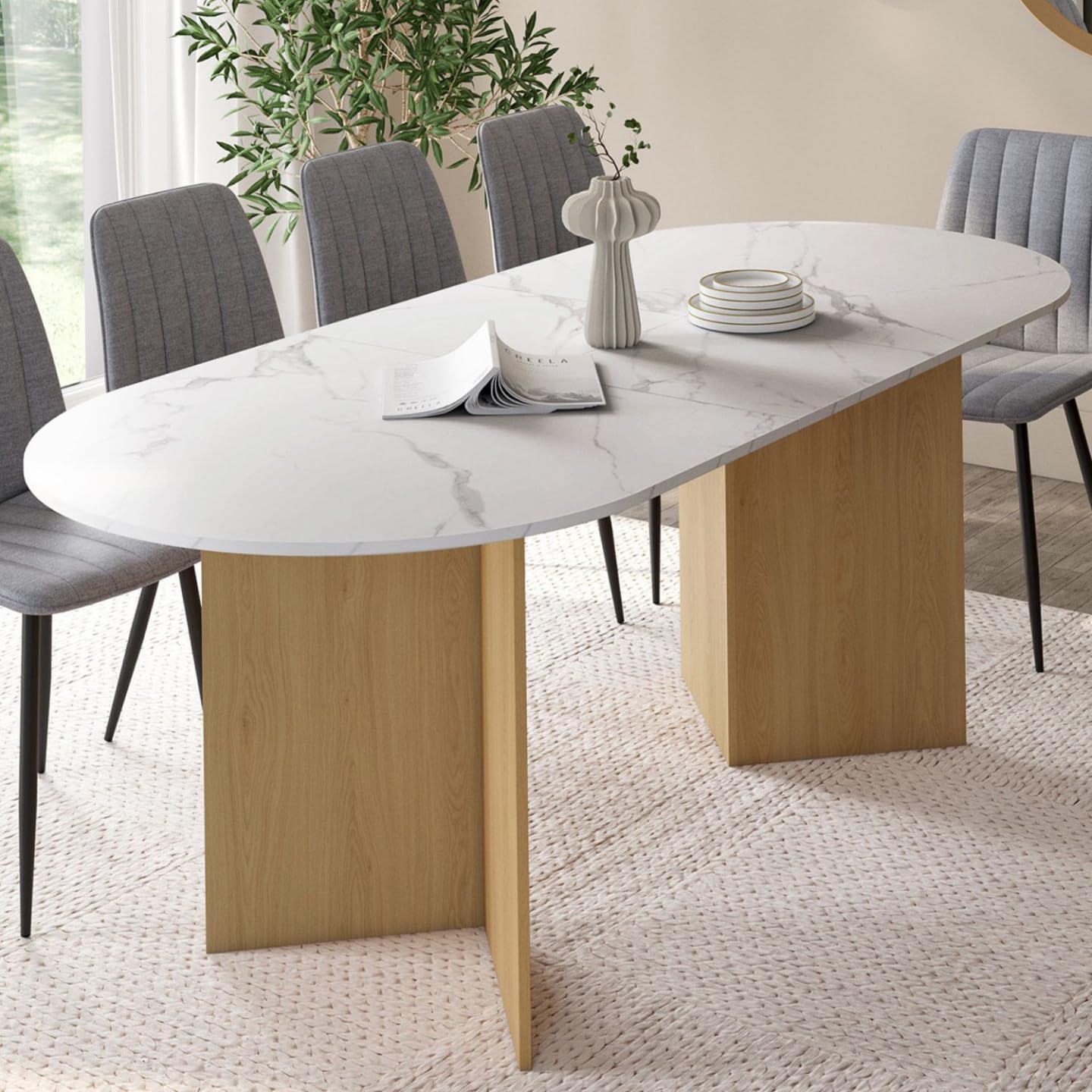 IDMarket – Mesa de comedor extensible ovalada Marthe 6-10 personas, bandeja de mármol blanco Alaska y madera de haya, 160-200 cm