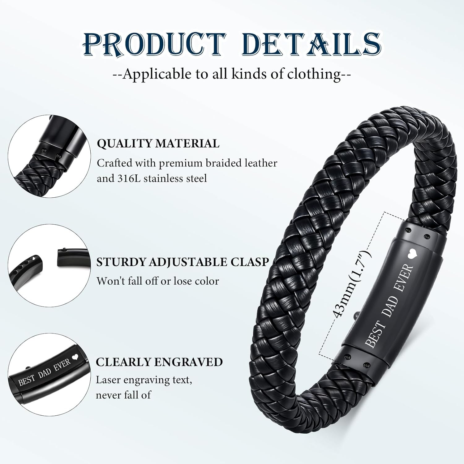 Fathers Gift for Dad Mens Leather Bracelet, Adjustable Black Braided Leather Dad Bracelet for Husband Boyfriend, Father's Day Jewelry Gifts from Daughter Wife Son, Box & Card - Image 5