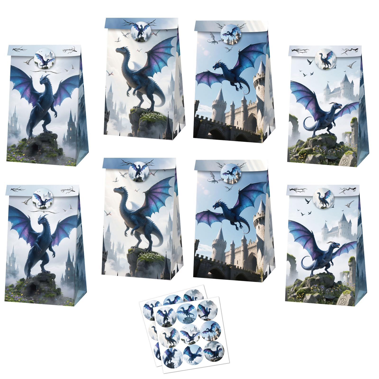 MORAINJAY 12 Pcs Dragon Party Bags, Blue Flying Paper Gift Bags, Dragon Theme Favor Goodie Bag, Kids Boys Birthday Party Supplies Decorations, with 18 Stickers
