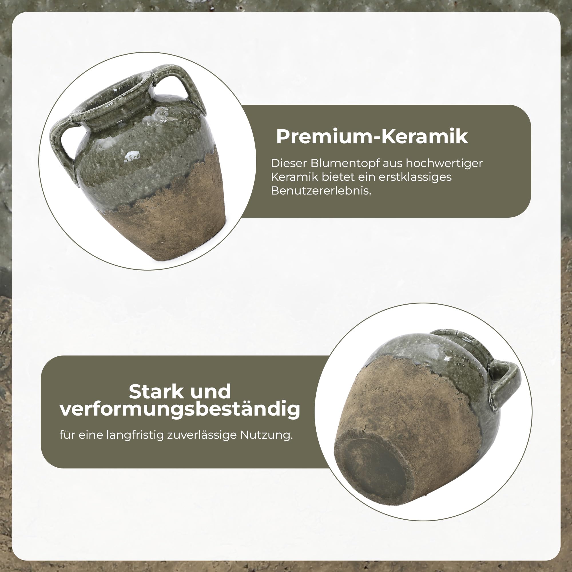 Hometopia Vintage Vase Groß aus Keramik, Zweifarbige Amphore in Moosgrün & Naturstein-Optik, Rustikale Dekovase für Herbstzweige & Trockenblumen, 29cm Höhe