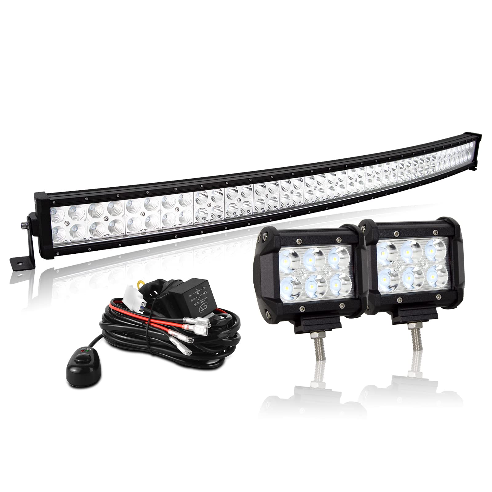 AUXTINGS 106 cm 240 W zakrzywiona listwa rampy LED + 2 x 10 cm reflektor roboczy LED 12 V, wodoodporne światła przeciwmgielne LED z okablowaniem do samochodu, ciężarówki, ciągnika, SUV-a, łodzi