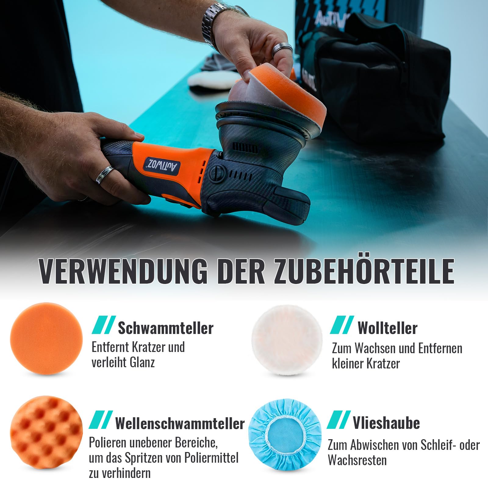 AUTIWOZ W01 125mm Auto Poliermaschine,Kleine Exzenterpolierer,9mm Orbit Politur Set,Polier maschine mit 6 variablen Geschwindigkeiten (2000-6200 U/min),für Autodetailing Polieren und Wachsen