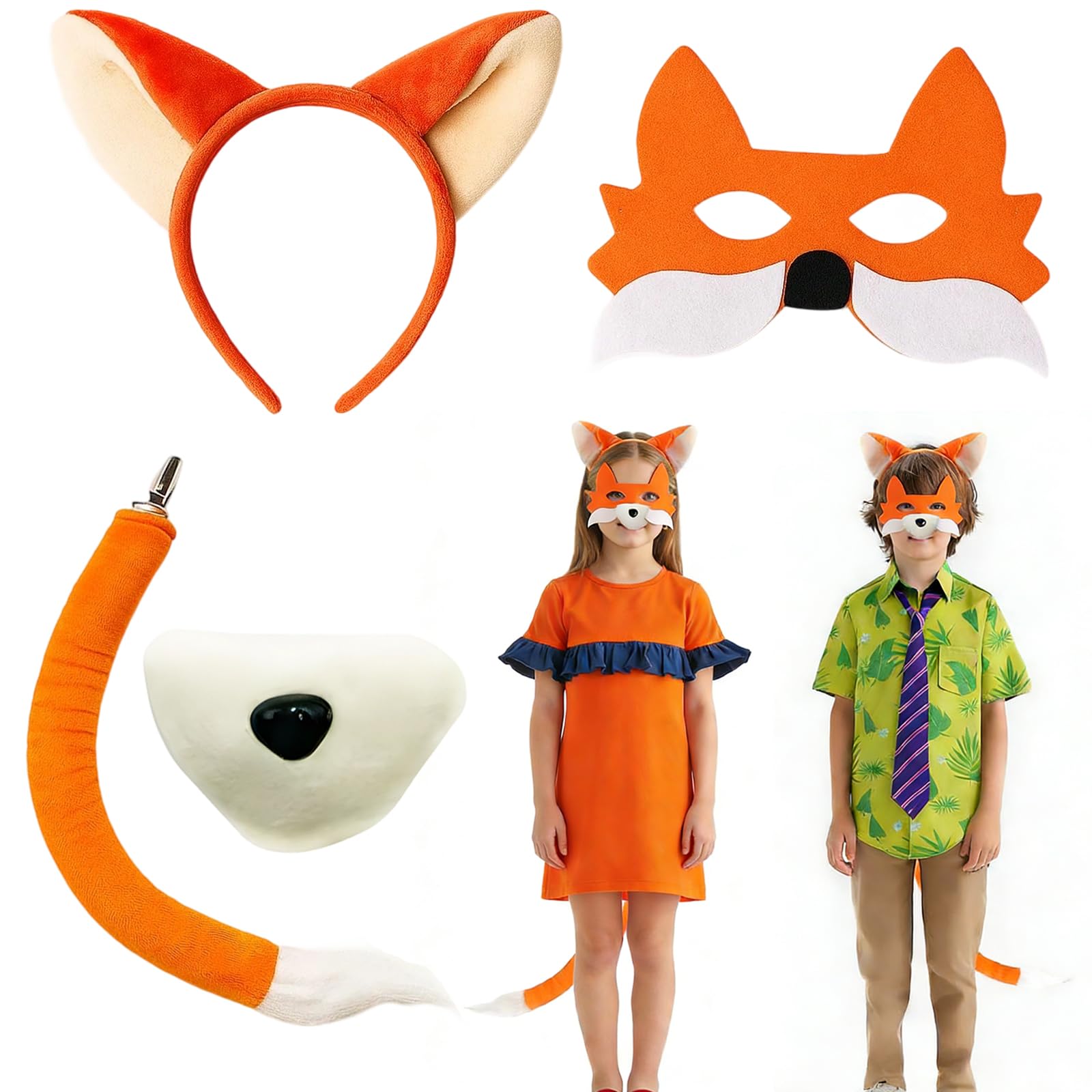 CtiUjdx 4 Piece Fox Costume, Fox Ears Headband With Realistic Tail And Mask Set, Fantastic Mr Fox Costume For Adult And Kids Animal Costume Party, Orange Fox Ears And Tail Accessories