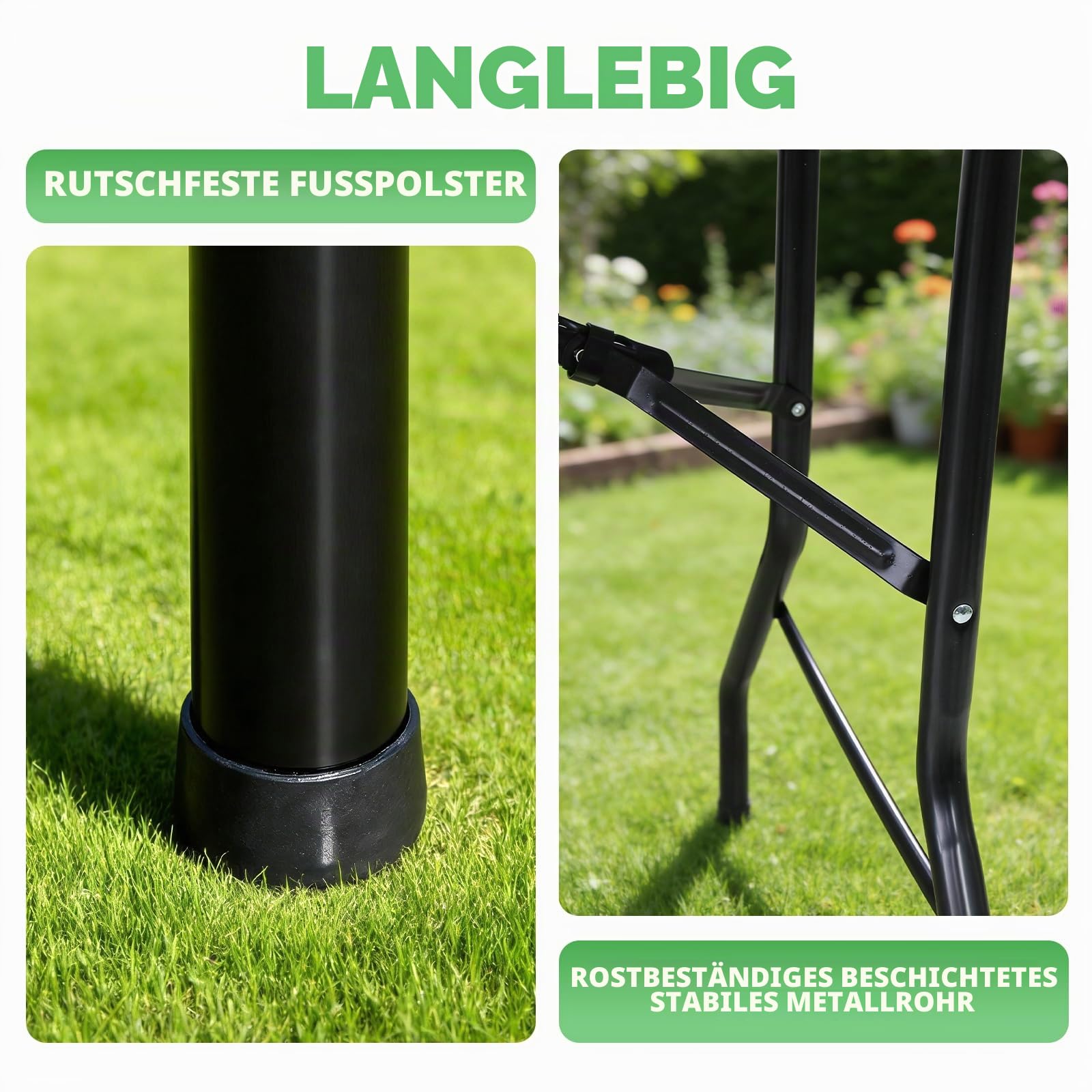Klappbarer Gartentisch 180x74cm, Outdoor Campingtisch für 8 Personen, schwarz mit Holzoptik-Kunststoffplatte, Metallrahmen, belastbar 150kg, 3 Sicherheitsverschlüsse, Buffetstisch für Garten, Balkon
