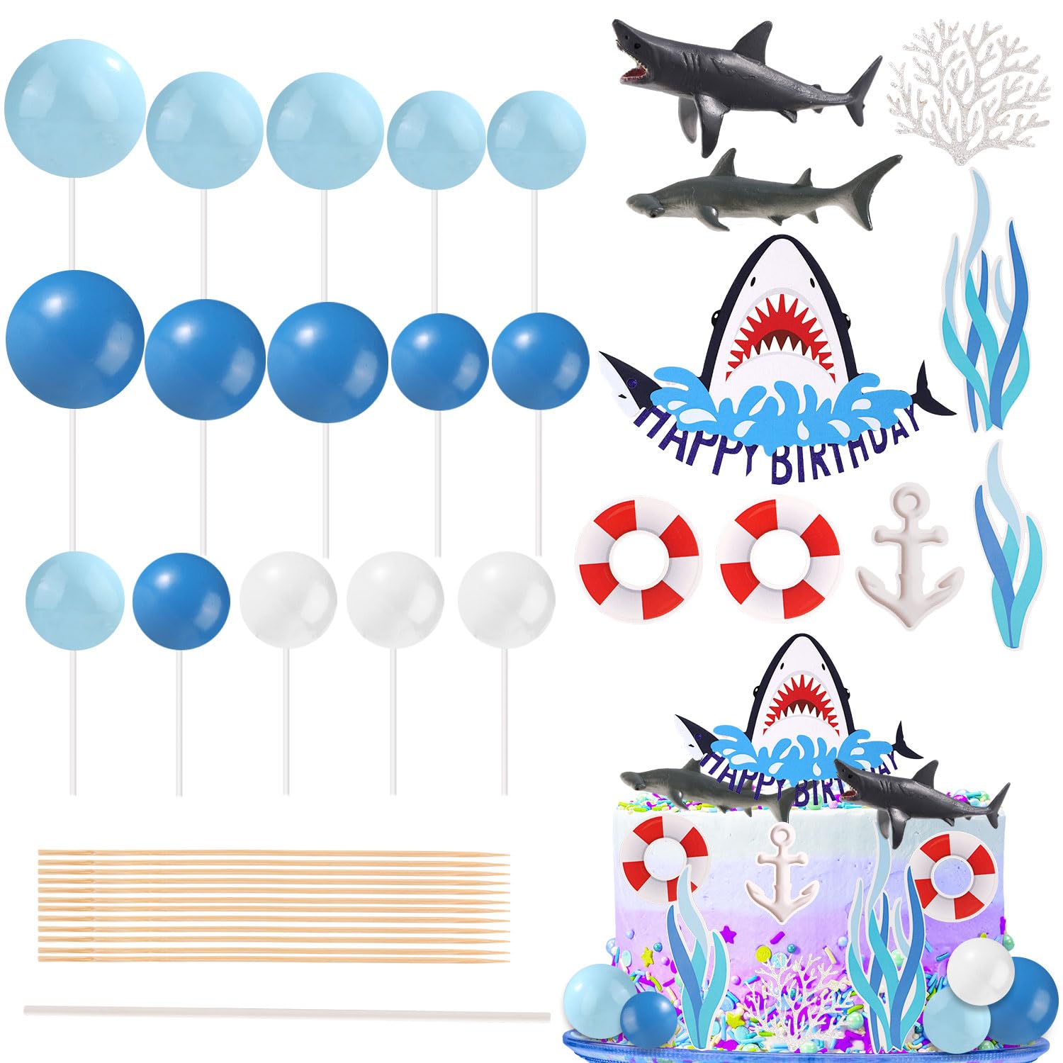 24pcs Shark Cake Topper Decorations, Shark Figurines for Cake Creative Ocean Themed Cake Toppers Beach Shark Cake Topper Set Party Decorations Supplies for Boys Girls