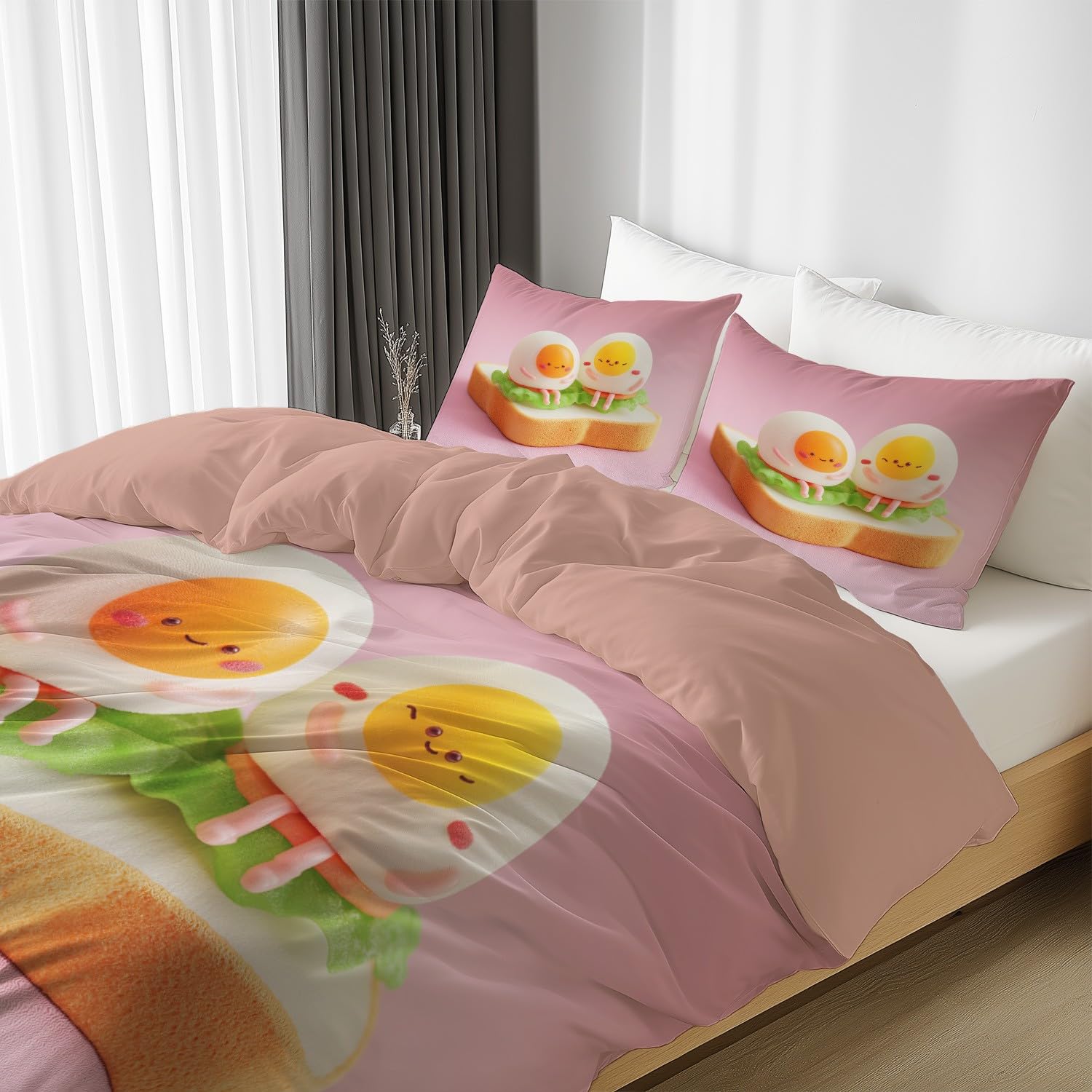 Pościel z kreskówki King Size 229 cm x 221 cm - różowa biała urocza poszewka na kołdrę z jajkiem chleb, dwustronna poszewka na kołdrę i 2 poszewki na poduszki, ultramiękki i oddychający zestaw