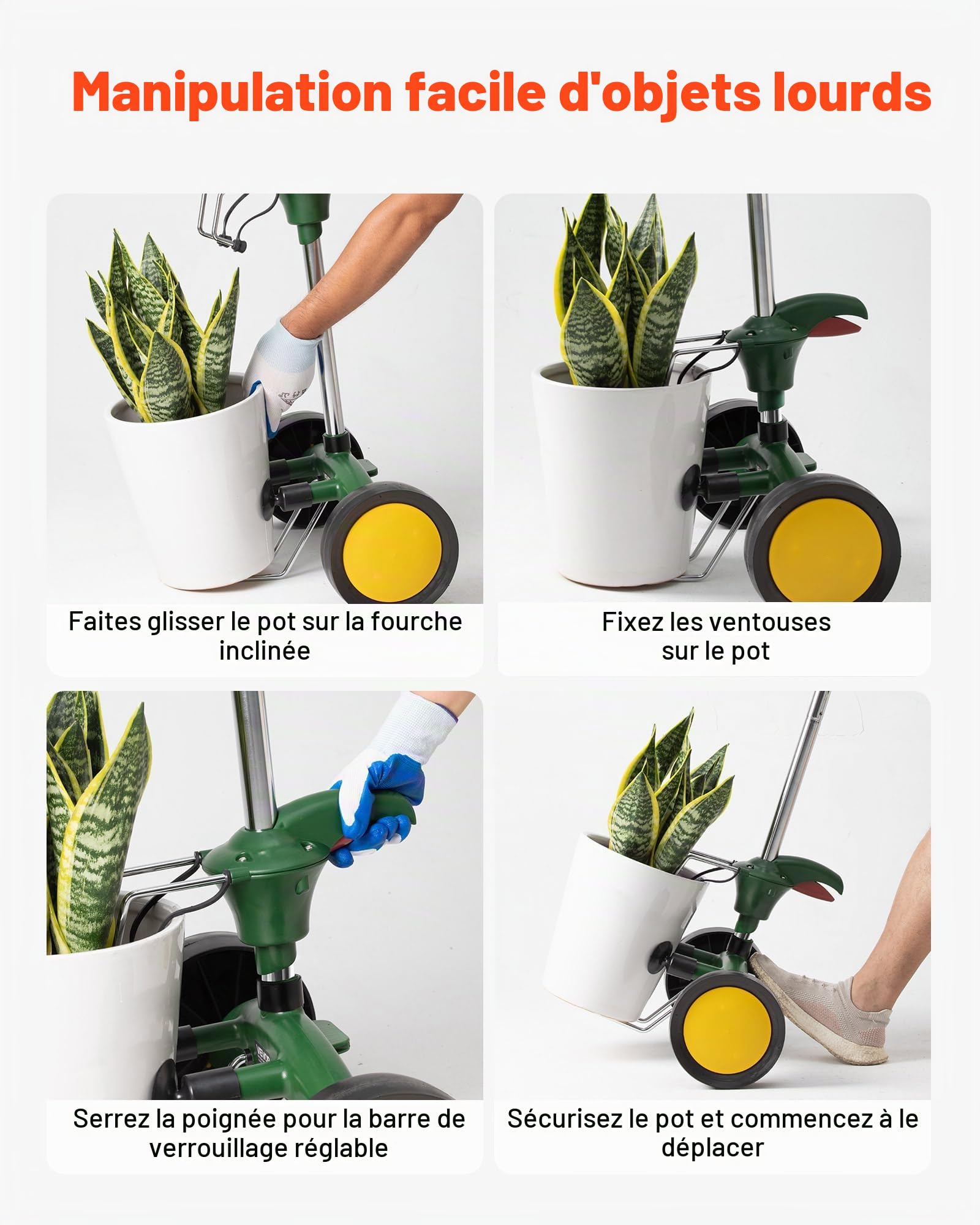 VEVOR Diable de Transport pour Plantes en Pot, Chariot Déplace Pots de Fleurs de Jardin Robuste, avec Bras à Griffes Réglable, Capacité Charge 65 kg, Verrouillage Sécurisé, pour Intérieur, Extérieur