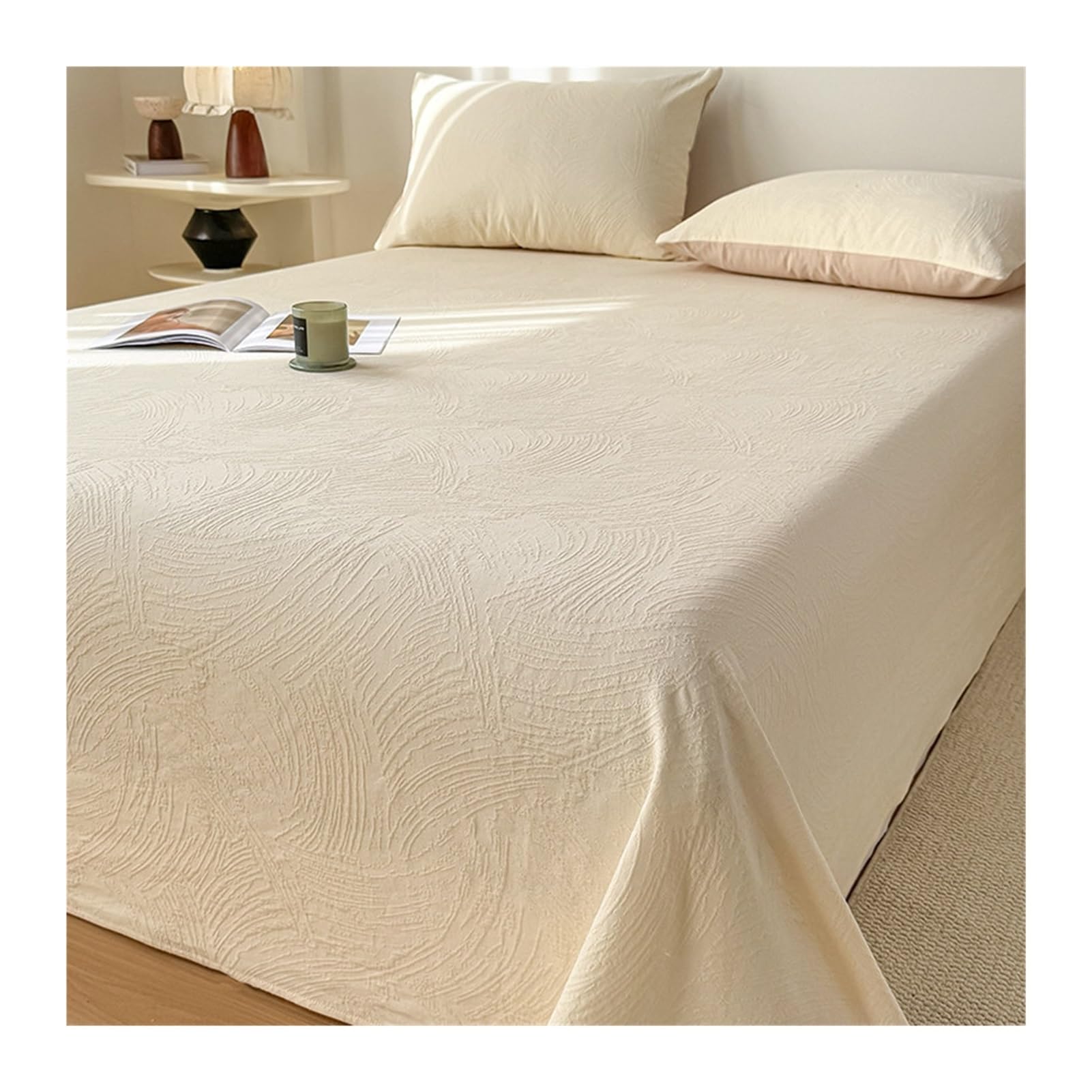 GBHMJU 100% Cotton Thick Flat Sheet Twin Full Queen Jacquard Machine Washable Breathable Top Sheet(Khaki G,230x250cm+48x74cm x2)