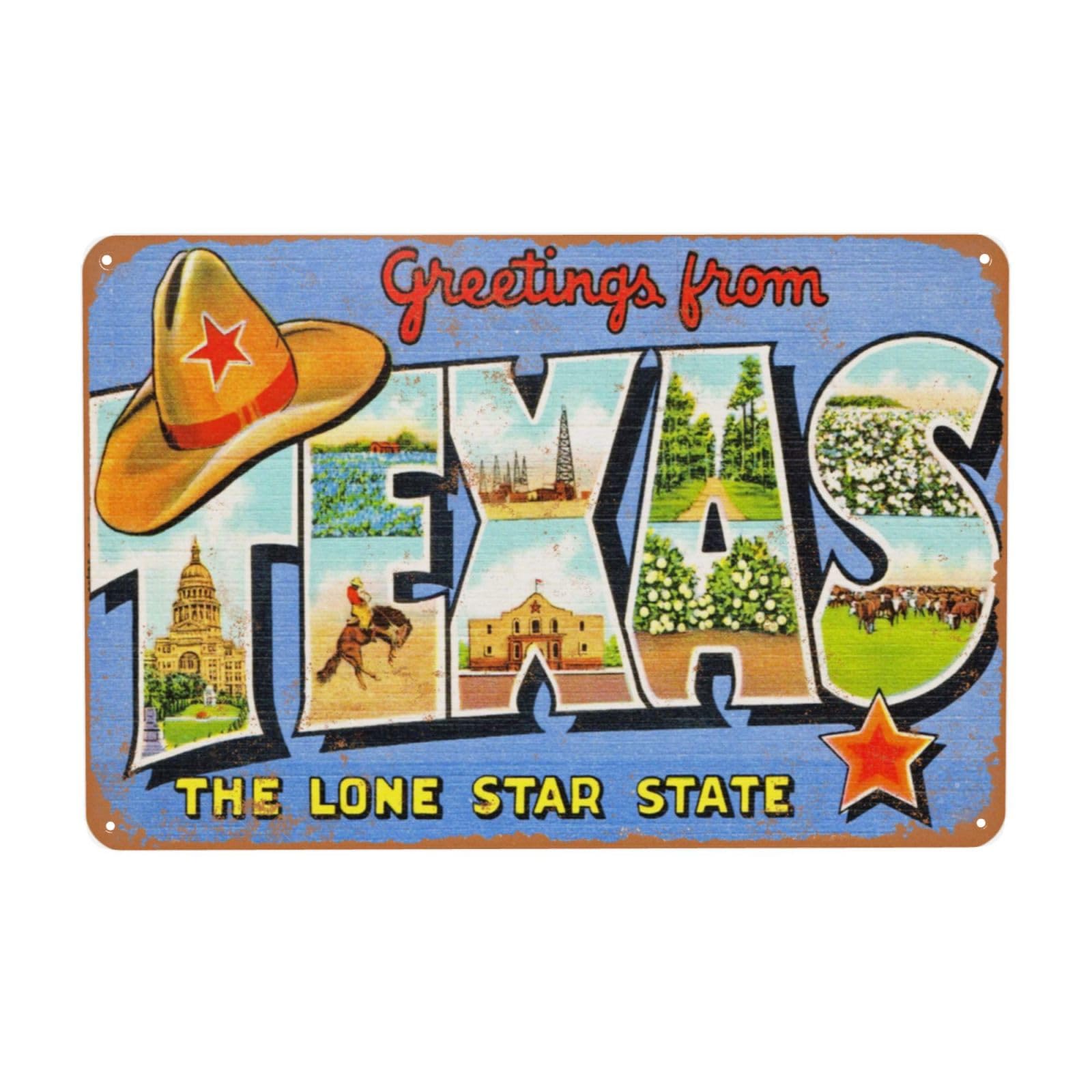 Targa in metallo vintage, con scritta in lingua inglese "Greetings from Texas the Lone Star State", decorazione per casa, uomo, donna, bar, casa, uomo, grotta, garage, cortile, camera da letto,