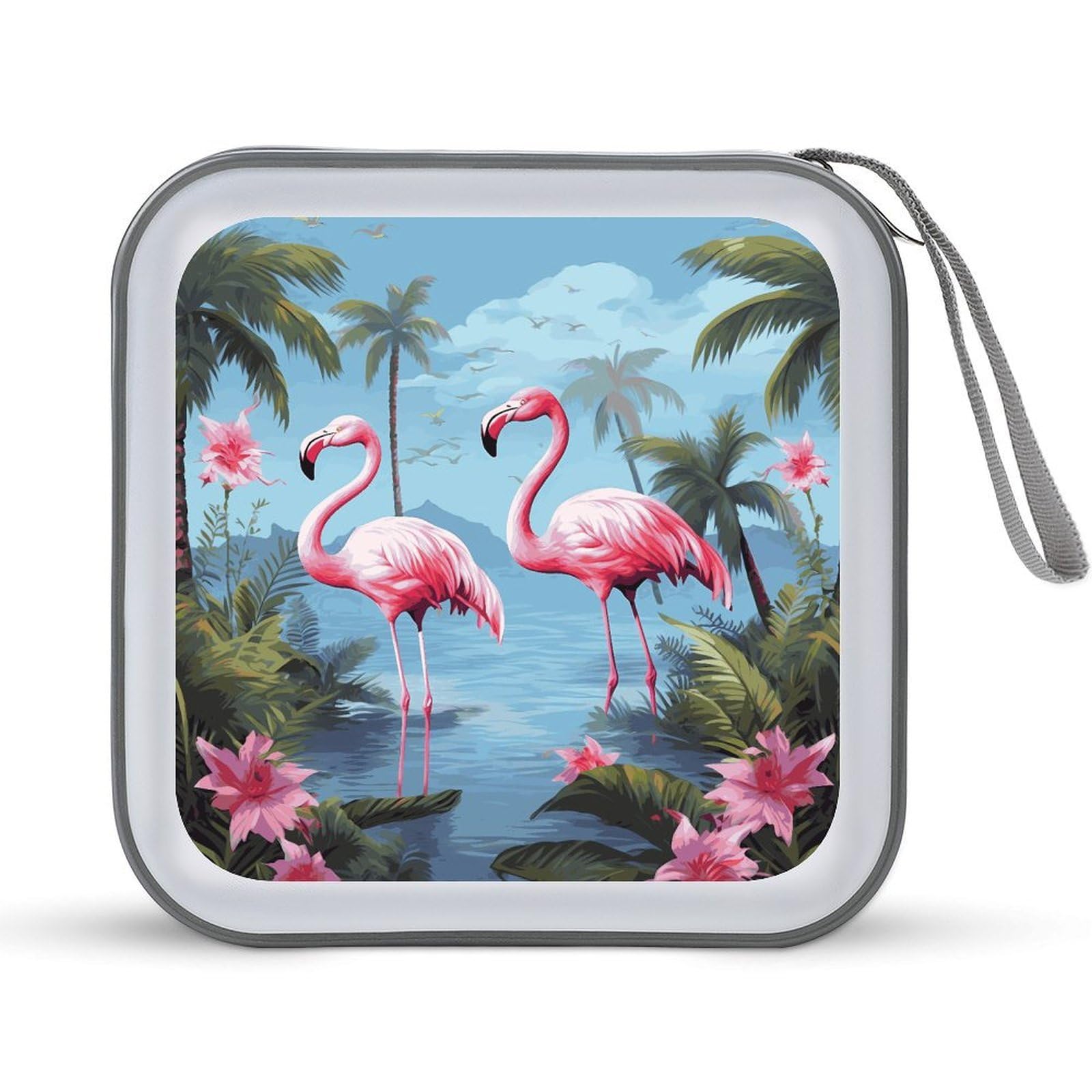 VstaDank Tropical Flamingos CD Case with Hand Strap Lightweight DVD Wallet Holder 40 Capacity CD/DVD Case Wallet Protective CD Wallet CD/DVD Portable Storage Binder for Car Home Office