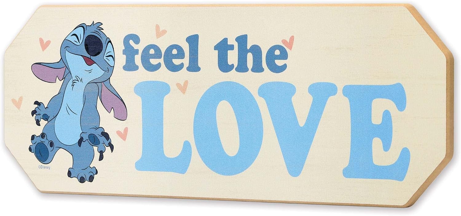 Open Road Brands Disney Lilo and Stitch Feel the Love Wood Wall Decor - Adorable Stitch Sign for Kids' Bedroom or Play Room