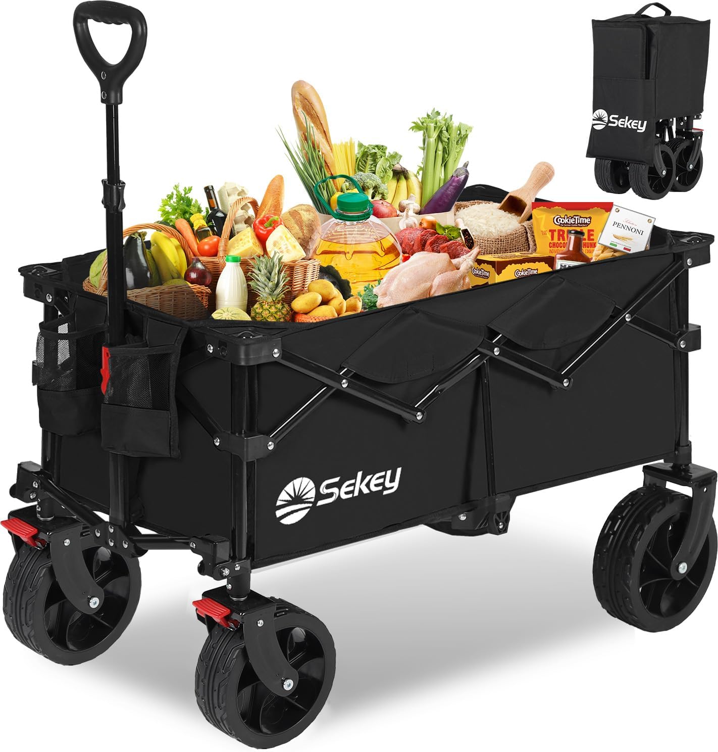 Sekey Folding Festival Trolley, 330LB Capacity Heavy-Duty Camping Wagon with Wide All-Terrain Wheels, 135L Garden Beach Cart, Brake, Patented Four-Directional Foldable Design, Black