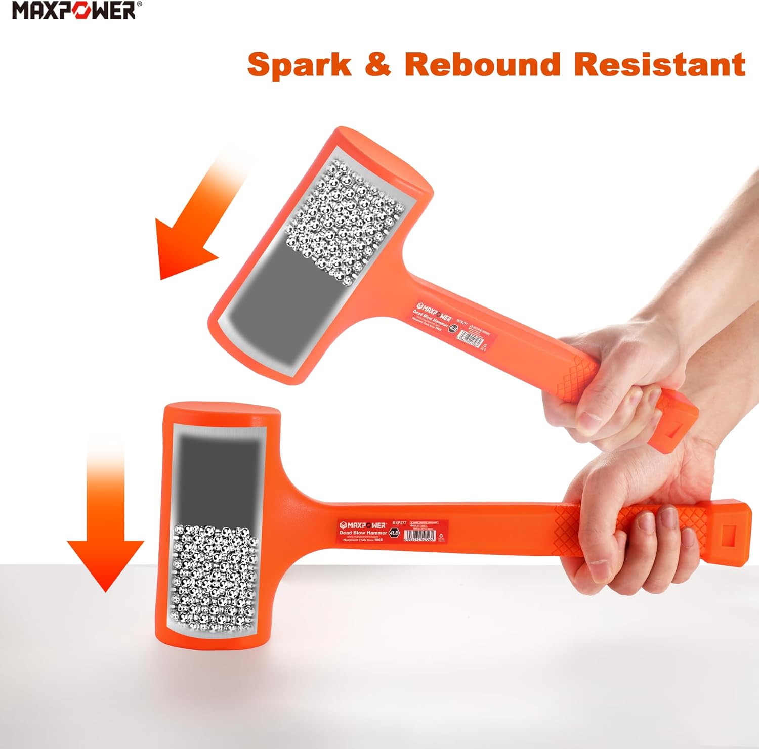 MAXPOWER Dead Blow Hammer, 4LB Dead Blow Mallet with Checkered Grip Handle, Spark and Rebound Resistant Orange Deadblow Hammer