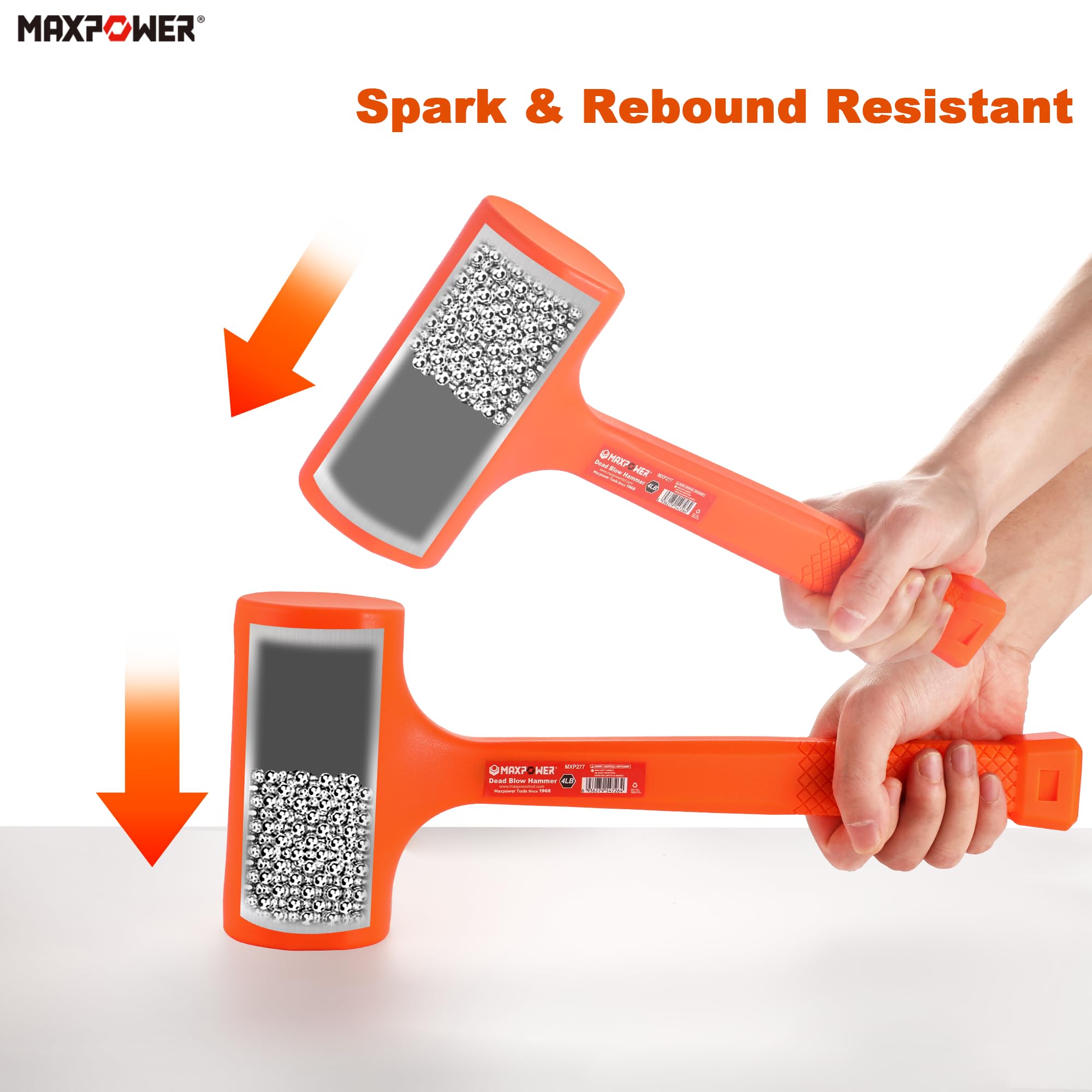 MAXPOWER Dead Blow Hammer, 4LB Dead Blow Mallet with Checkered Grip Handle, Spark and Rebound Resistant Orange Deadblow Hammer - Image 4