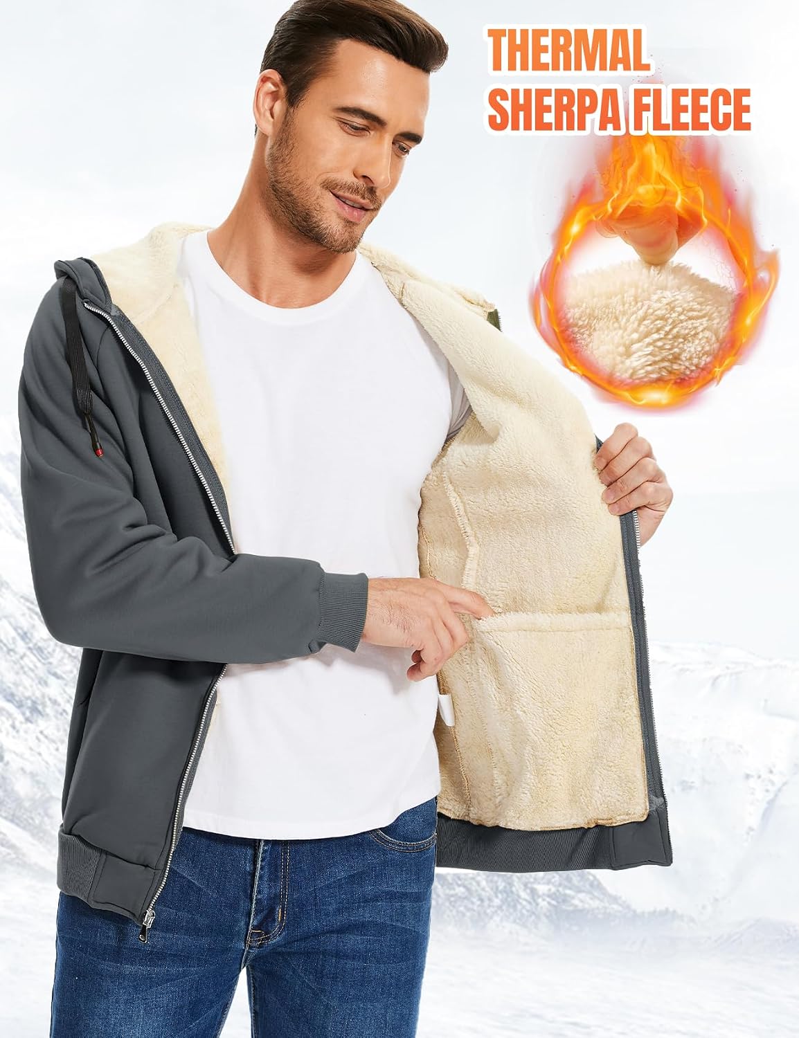 Flygo Sherpa Hoodies for Men Zip Up Winter Fleece Lined Hooded Sweatshirt Heavyweight Warm Jackets