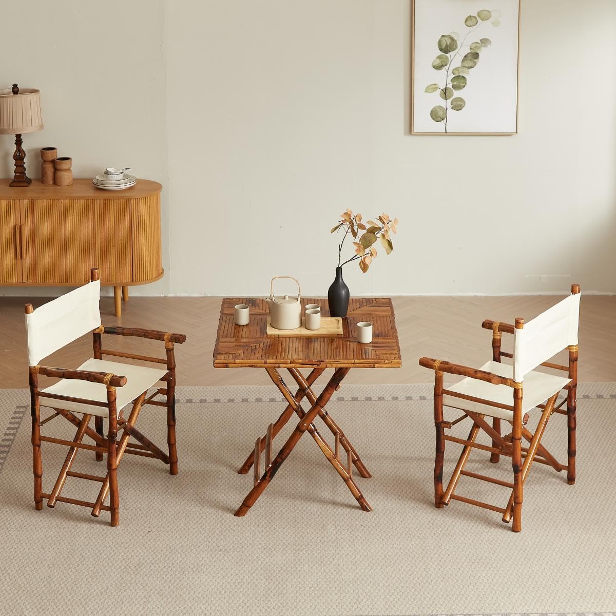 Vintage Bamboo Rattan Canvas Director's Folding Chair - Portable Armchair for Dining, Indoor, Outdoor, Camping, and Wedding (1)