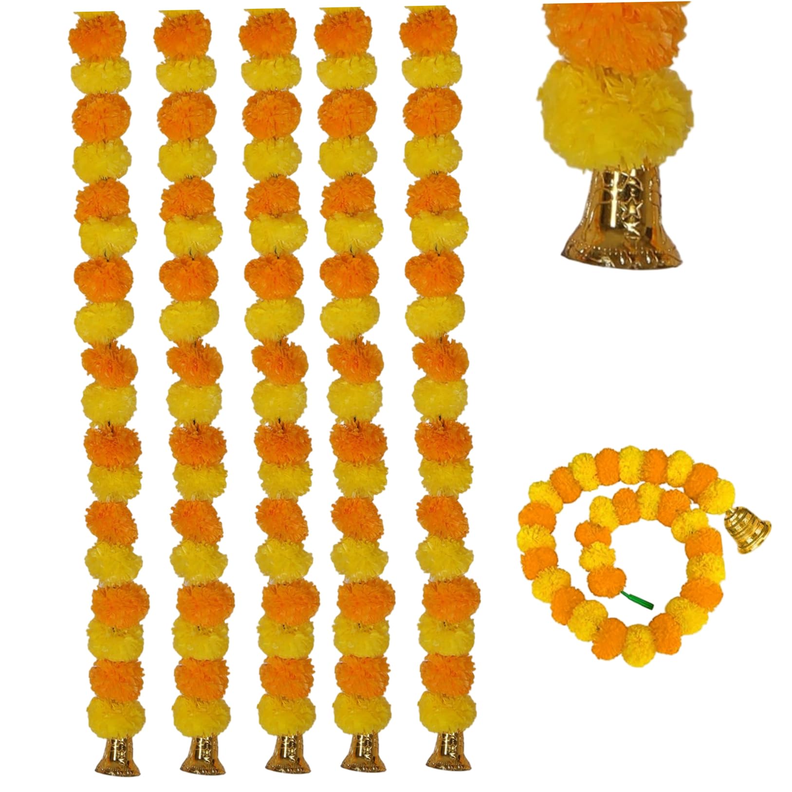 Takingup Indian Garlands for Decoration | 5Pcs Marigold Garland for Decoration 5Ft Orange Yellow Artificial Marigold Flower with Bell Diwali Decorations for Home, Festival, Mandir & Wedding Decor
