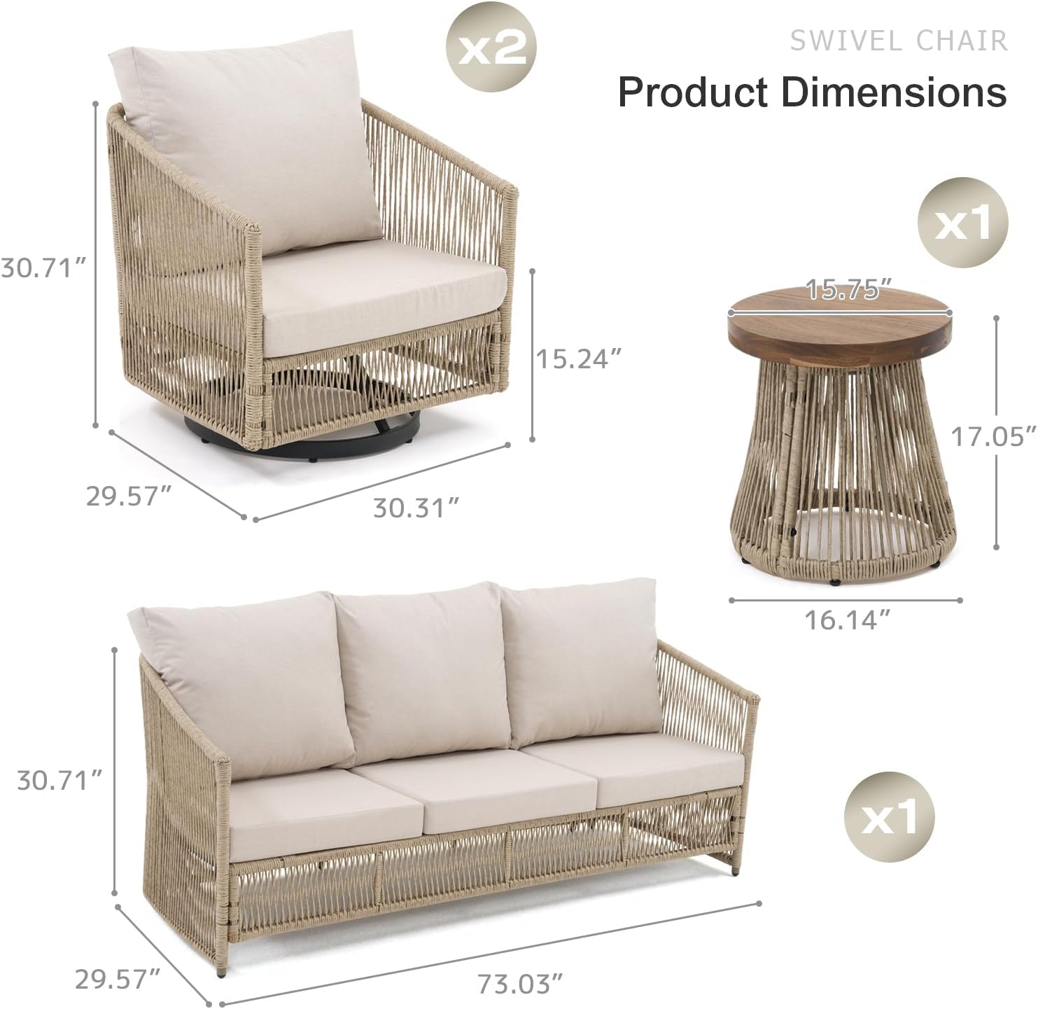 SUNSITT 4-Piece Wicker Patio Furniture Set, Outdoor Patio Conversation Set w/Swivel Chairs, Open Weave Wicker 3-Seater Couch Set w/Wood Top Side Coffee Table, Natural Color