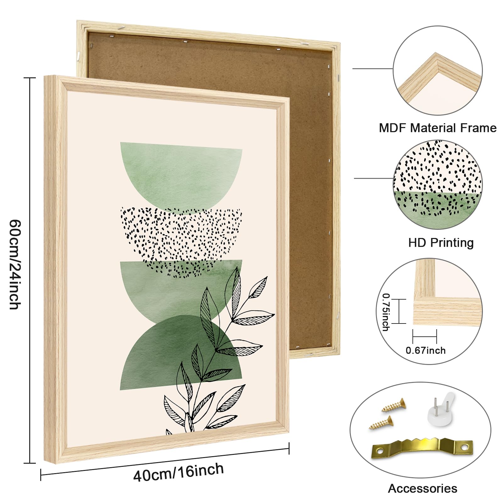 3 Pcs Wooden Framed Canvas Wall Art Set Bohemian Sage Green Canvas Prints Poster Geometric Line Beige Green Pictures for Living Room Bedroom Dinning Room Hallway Stairs Wall Decor 30x40cm x3pcs — view 394