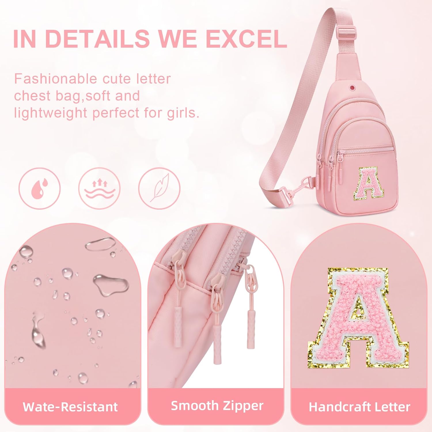 Small Initial Sling Crossbody Bags for Girls Fanny Pack Chest Bag Purse Personalized Birthday Gift - Pink - A - Image 3