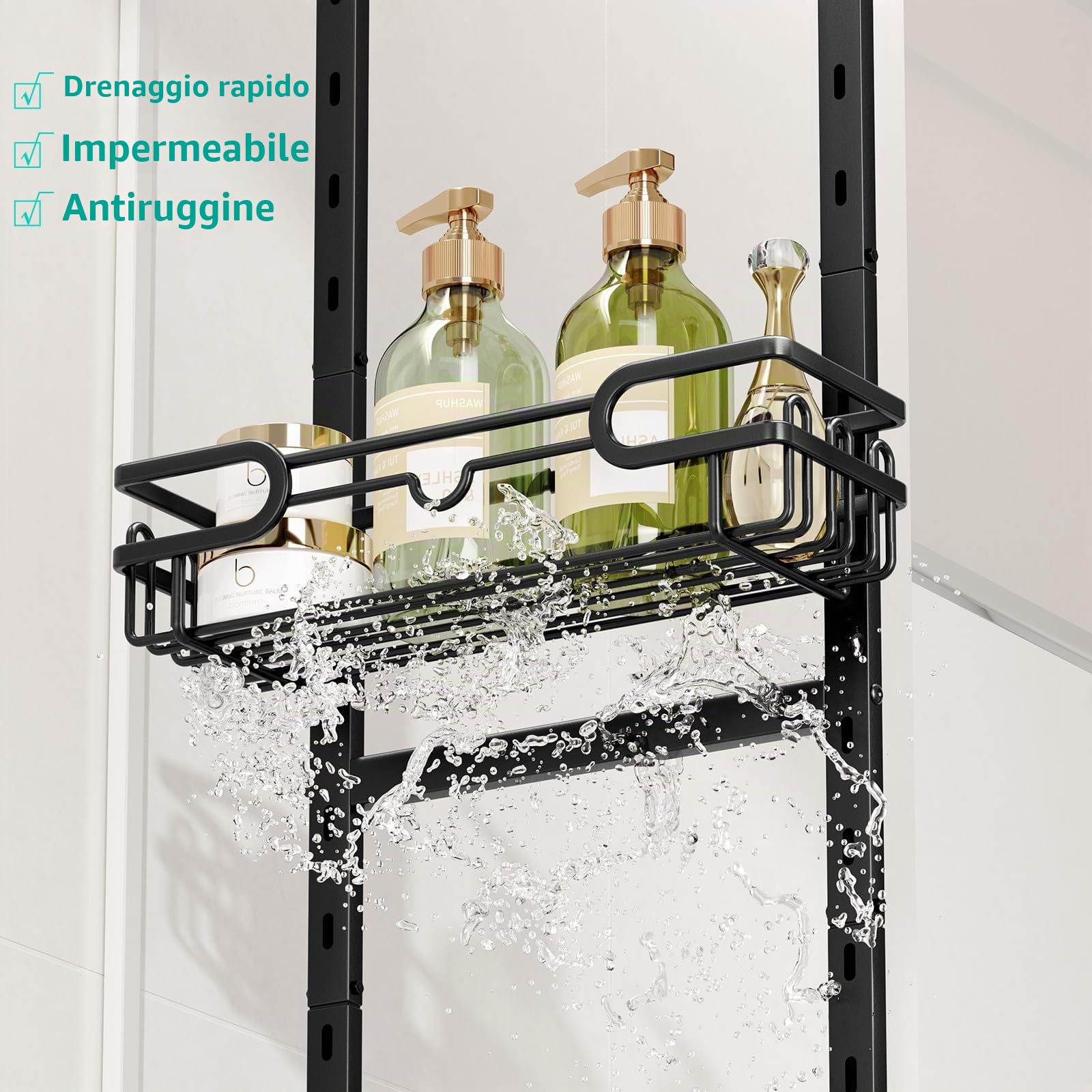 HapiRm Mensola doccia da appendere, mensola da appendere, mensola da doccia da appendere, regolabile con 4 cesti per doccia, mensola da doccia con portasapone e gancio, ripiano per doccia sopra la