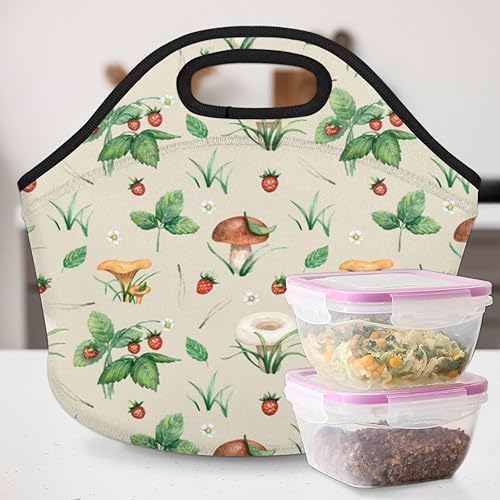 Miniatura 3 de Bolsa de almuerzo con aislamiento de hongos y fresas, bolsa de almuerzo reutilizable para hombres y adultos, lonchera de neopreno para trabajo,