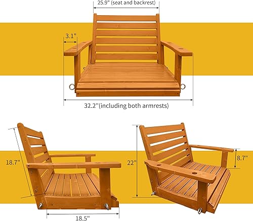 Miniatura 5 de Columpio de madera para porche de 2 plazas, asiento ergonómico, columpio de banco con cadenas colgantes y resortes de 0.276in, resistente 800