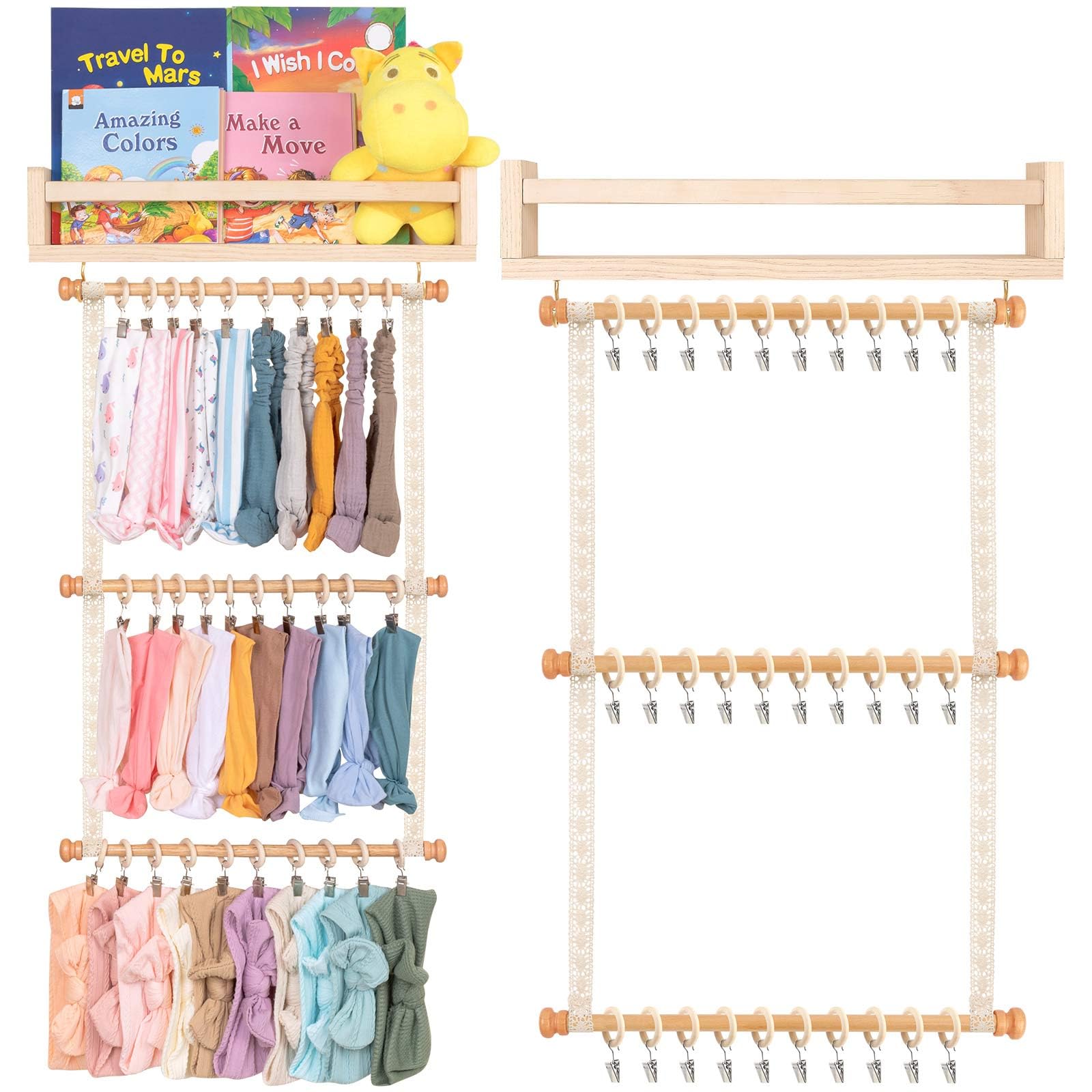 Subesty Bookshelf for Kids, Natural Hanging Nursery Book Shelves Wall Mount, Wooden Floating Shelves for Bookshelf Organizer for Kids Room Toddler Baby Bedroom Reading Corner Headband Holder