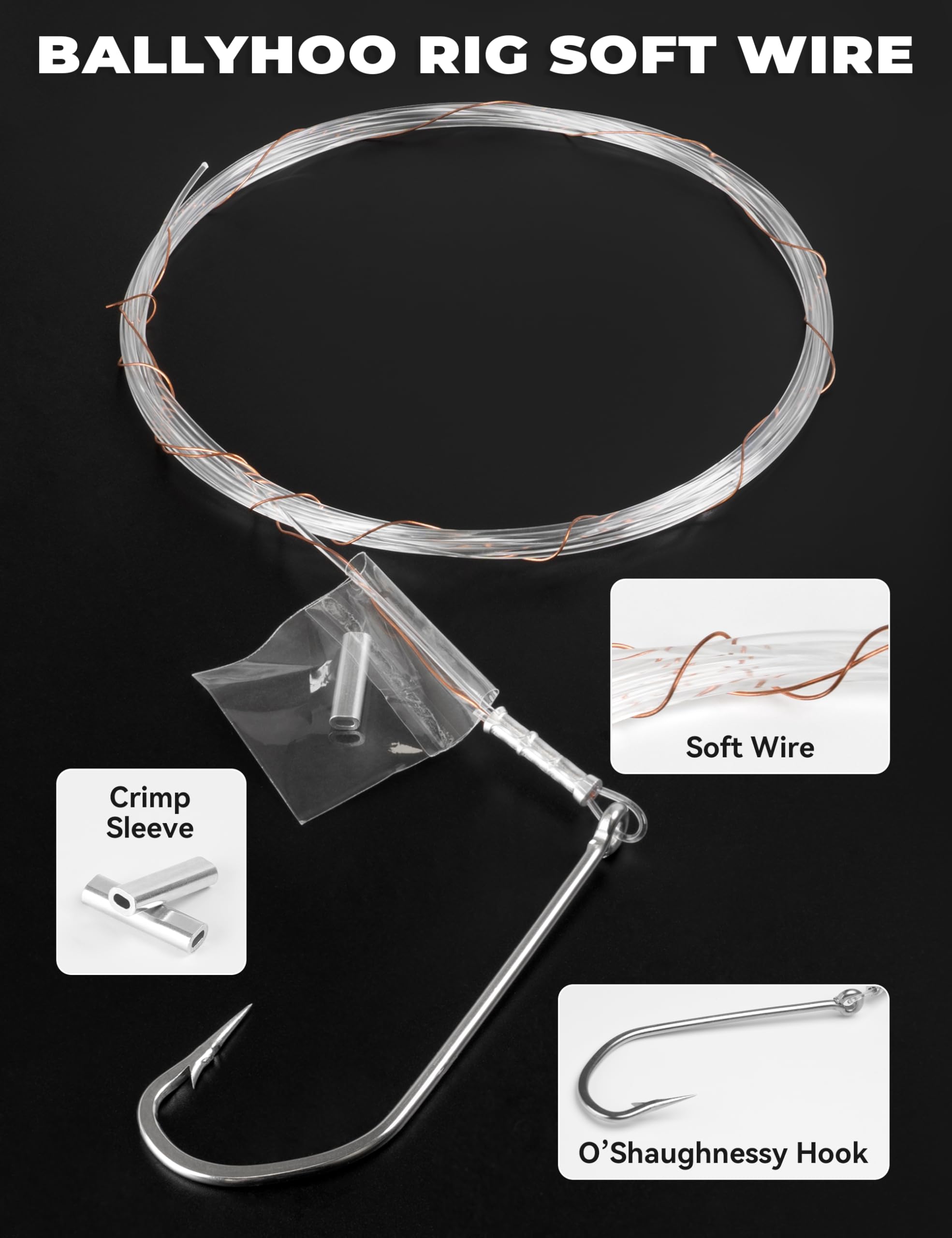 BLUEWING Ballyhoo Rig aus weichem Draht, mit 3,6 m, 45,4 kg, 59 kg, 68 kg, 90,7 kg, Mono-/Fluorkohlenstoffvorfach und O'Shaughnessy-Haken, Ballyhoo Schleppvorfach, Salzwasser-Angelköder
