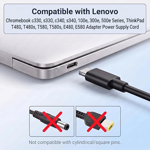 LJO-EEIH 45W Type USB C Laptop Charger Compatible with Lenovo Chromebook c330 s330 c340 s340 100e 300e 500e Series, ThinkPad T480 T480s T580 T580s E480 E580 Adapter Power Supply Cord