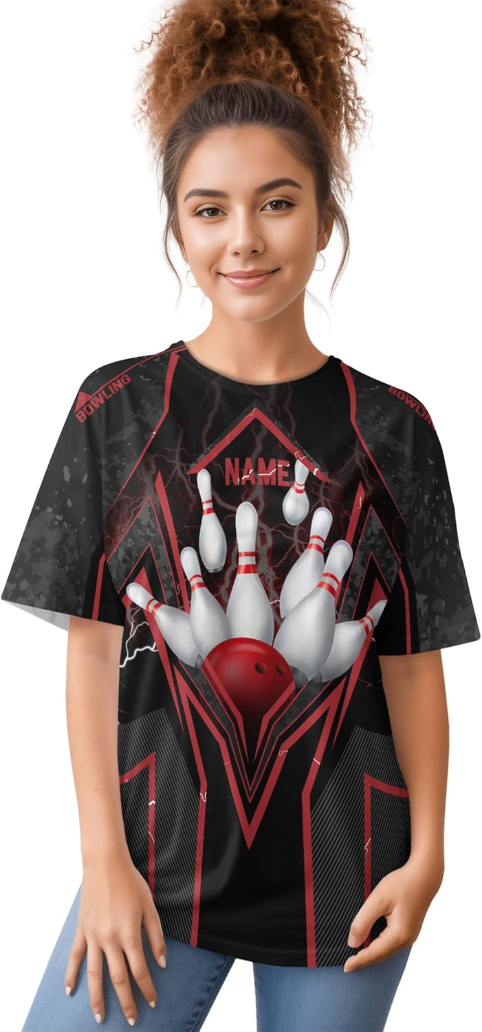 Unisex Bowling T-Shirt Personalized Red Plaid Bowling Pin T Shirt for Bowling Player Printing Bowling Team Clothes