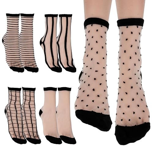 Lusofie 5Pairs Sheer Ankle Socks Black See Through Socks Striped Plaid Dot Cute Transparent Socks for Women Girls