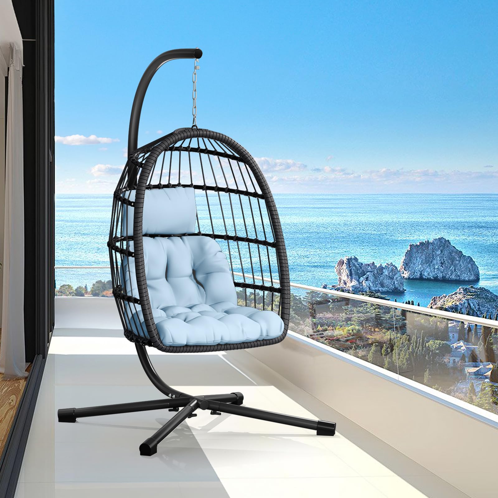CHABATREE Egg Chair with Stand,Patio Rattan Wicker Hanging Swing Egg Chair Hammock Chair for Bedroom Porch Garden,Thickened Aluminum Alloy Steel Frame and UV Resistant Cushion,350LBS Capacity