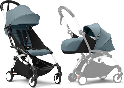 Stokke Official Set Product From Paris Newborns to 45.7 lbs 22 kg, YOYO3 YOYO3 Baby Stroller, White Frame, Newborn Pack & 6+ Color Pack, Aqua, Instant Open/Close, Shoulder Carry, Compact