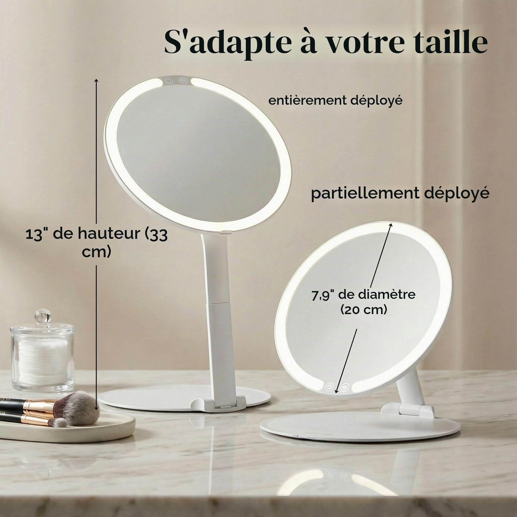 Fancii Miroir de Maquillage Lumineux de Voyage Rechargeable - Support Pliable 20cm, Éclairage 3 Couleurs, Portable, Cosmétique LED, Abigail (Blanc)