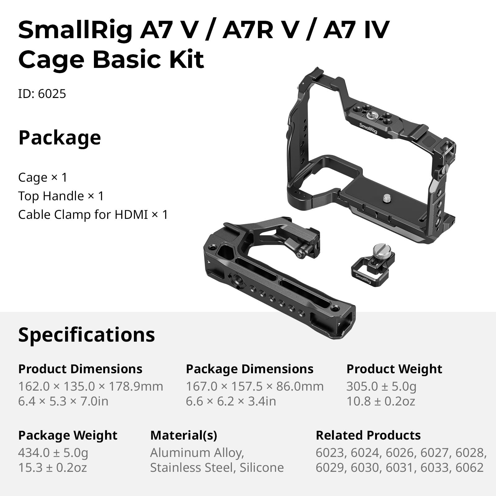 SMALLRIG A7 V / A7R V / A7 IV Kit de Base de Cage pour Sony Alpha 7 V/Alpha 7R V/Alpha 7 IV, avec Plaque de Dégagement Rapide pour Arca, Poignée Supérieure et Serre-Câble pour HDMI Inclus - 6025