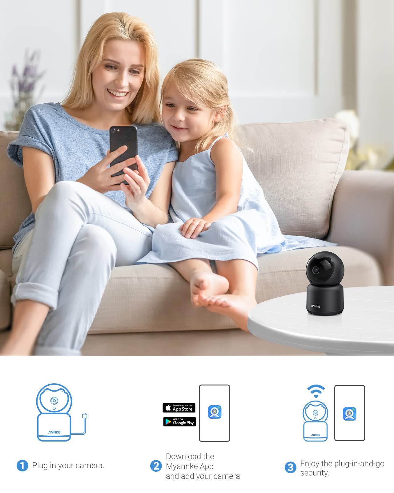 ANNKE 3MP Caméra Surveillance WiFi Intérieure 360°, Audio Bidirectionnel, Vision Nocturne IR, AI Détection de Mouvement, Partage d'appareils Accès à Distance, pour Bébé/Animal, Noir
