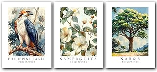 Philippines Symbols, Philippine Eagle Bird, Sampaguita Flower, Narra Tree, 8 x 10 Inches, Set of 3 State Posters, Wall Art Décor